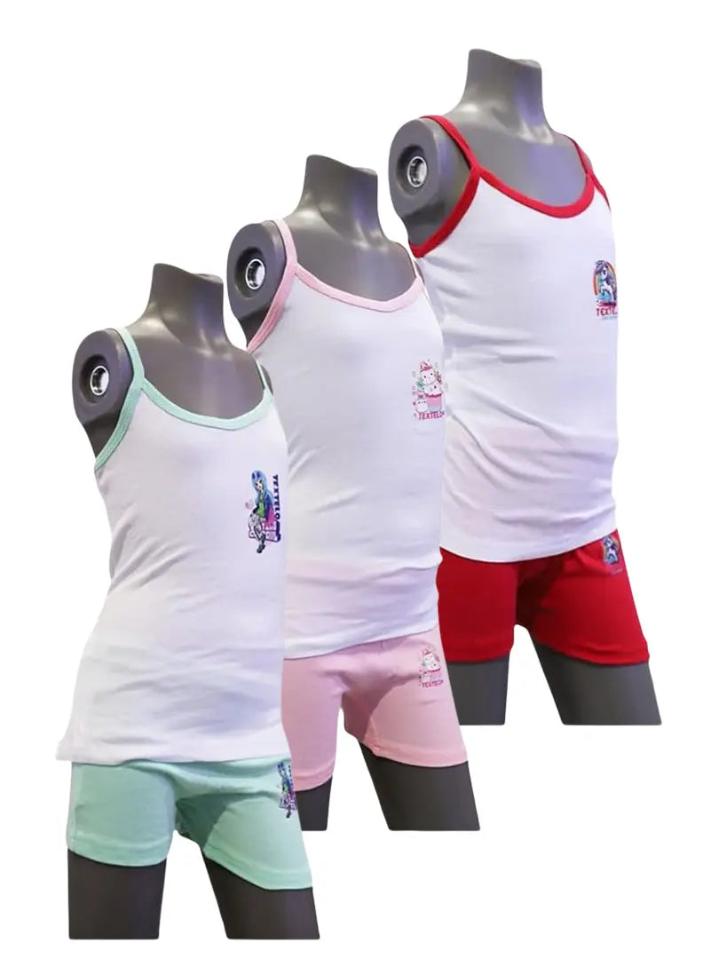 Cotton Underwear Set Girls (3Piece) Vests and Briefs in Two Colors