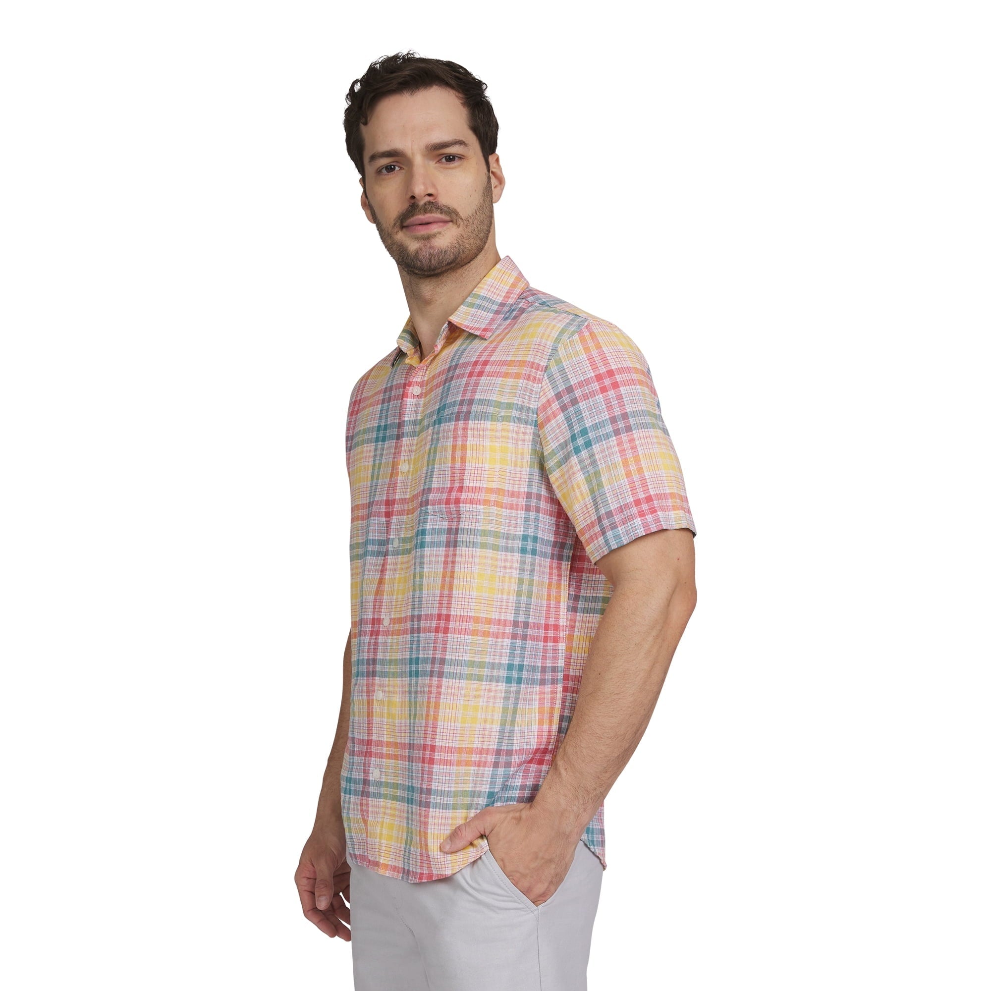 المقاس: XL - قميص Chaps للرجال والرجال الكبار من مزيج الكتان بأكمام قصيرة