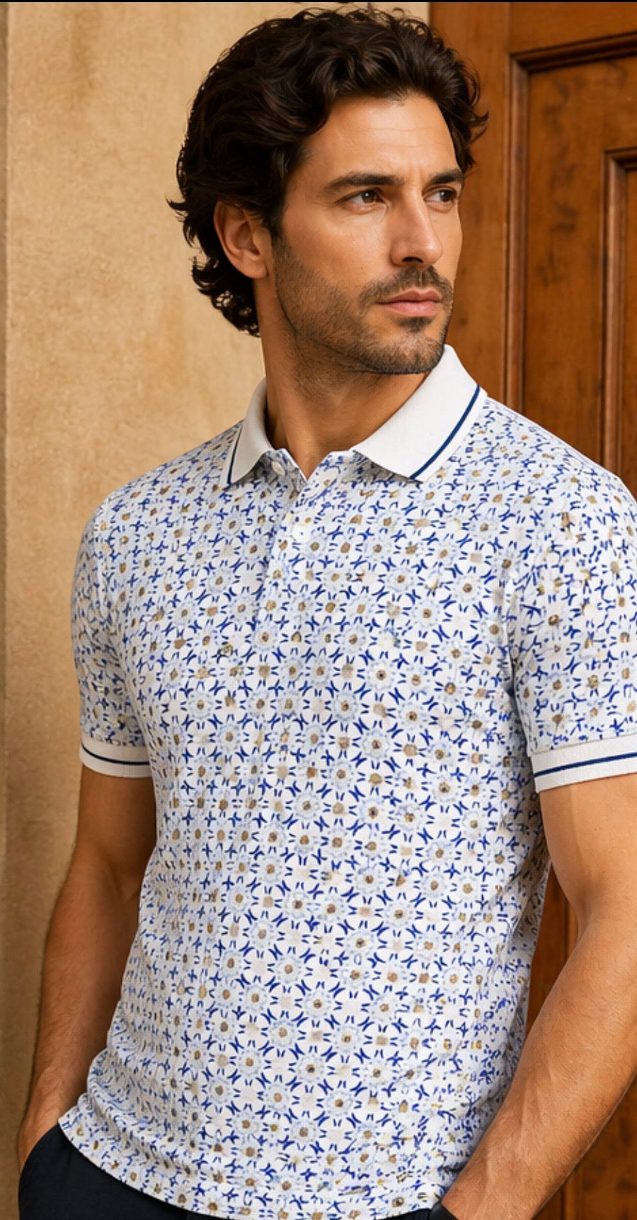 VAN HEUSEN WHITE AND BLUE TEXTURED POLO T-SHIRT MEN