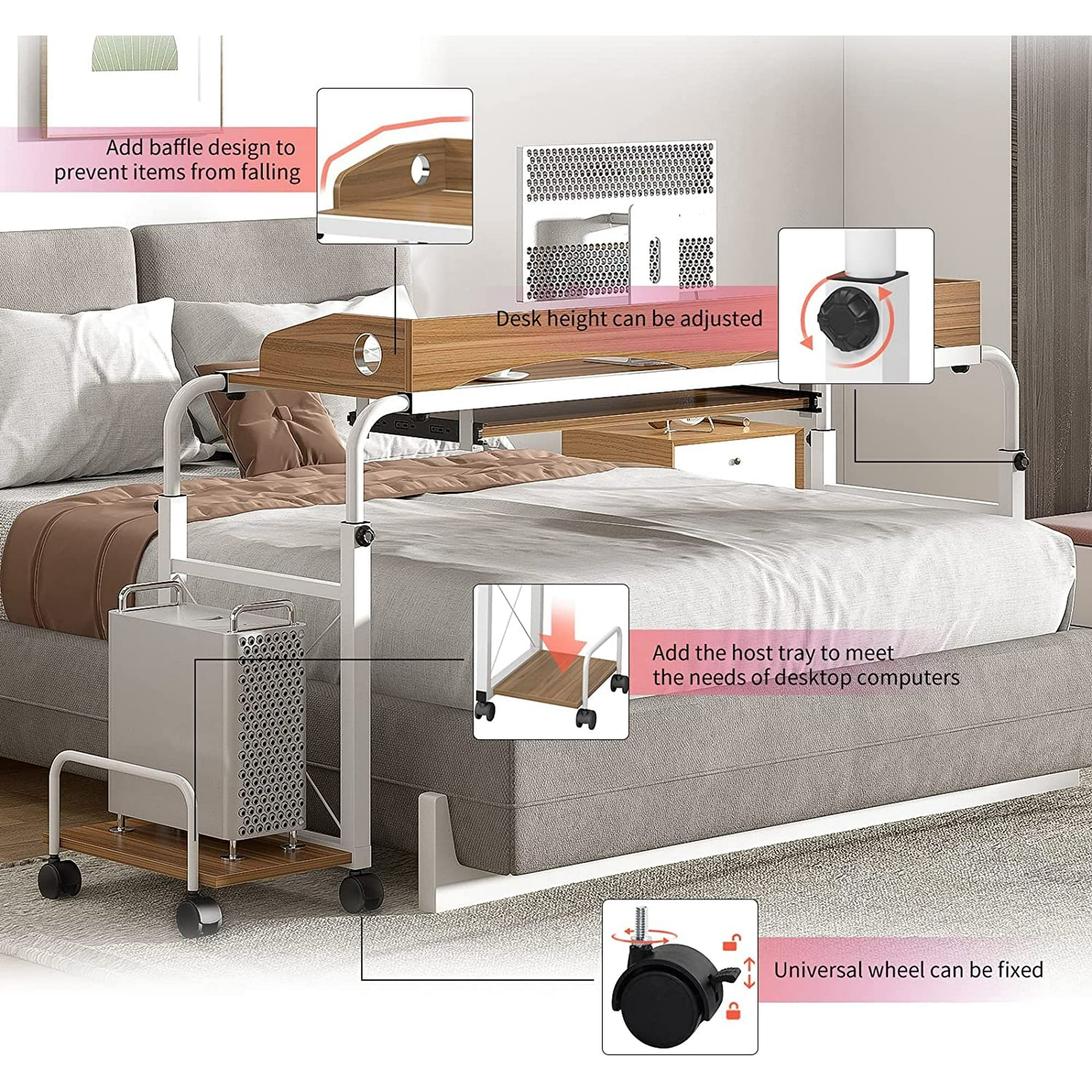 Soges Overbed Table with Wheels,Height and Length Adjustable Mobile Table 120 cm, Oak