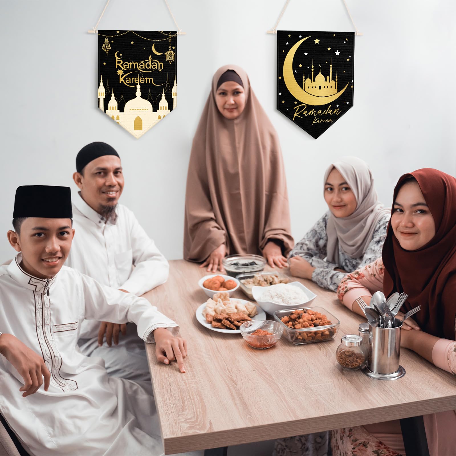 4 Pcs Ramadan Kareem Hanging Door Sign, Eid Mubarak Decorative Ramadan Canvas Sign Party Decorations Welcome Banner for Ramadan Kareem Eid Mubarak Home Door Party Supplies, 14.96 x 11.02 In (Black)