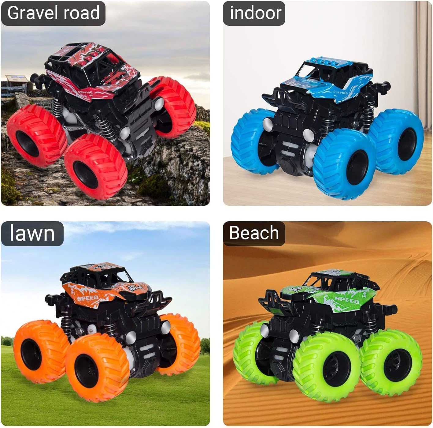 Monster Truck Toys - Inertia Car Educational Toy Cars, Friction Powered Toy Cars Push and Go Vehicles for Kids Best Gift for Boys Girls Age 3 and Above (4 CAR SET)
