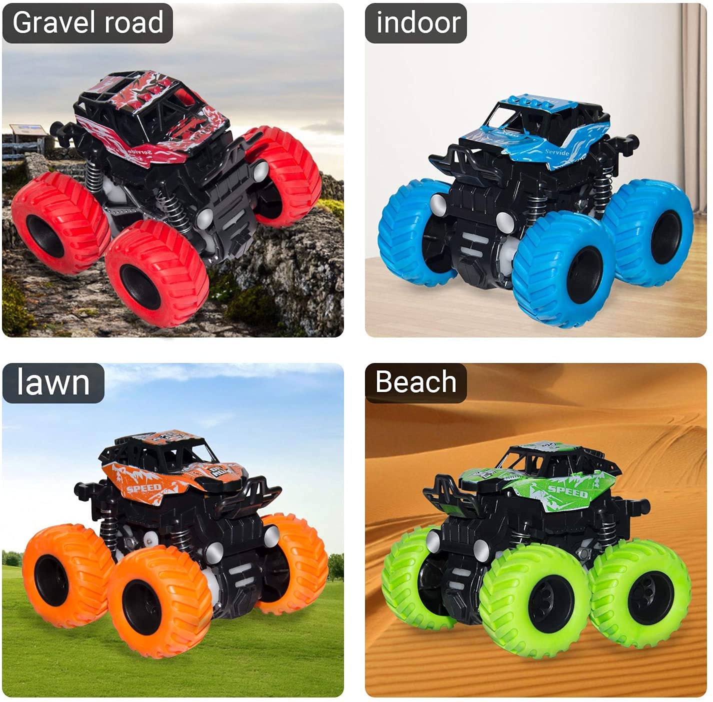Monster Truck Toys - Inertia Car Educational Toy Cars, Friction Powered Toy Cars Push and Go Vehicles for Kids Best Gift for Boys Girls Age 3 and Above (4 CAR SET)