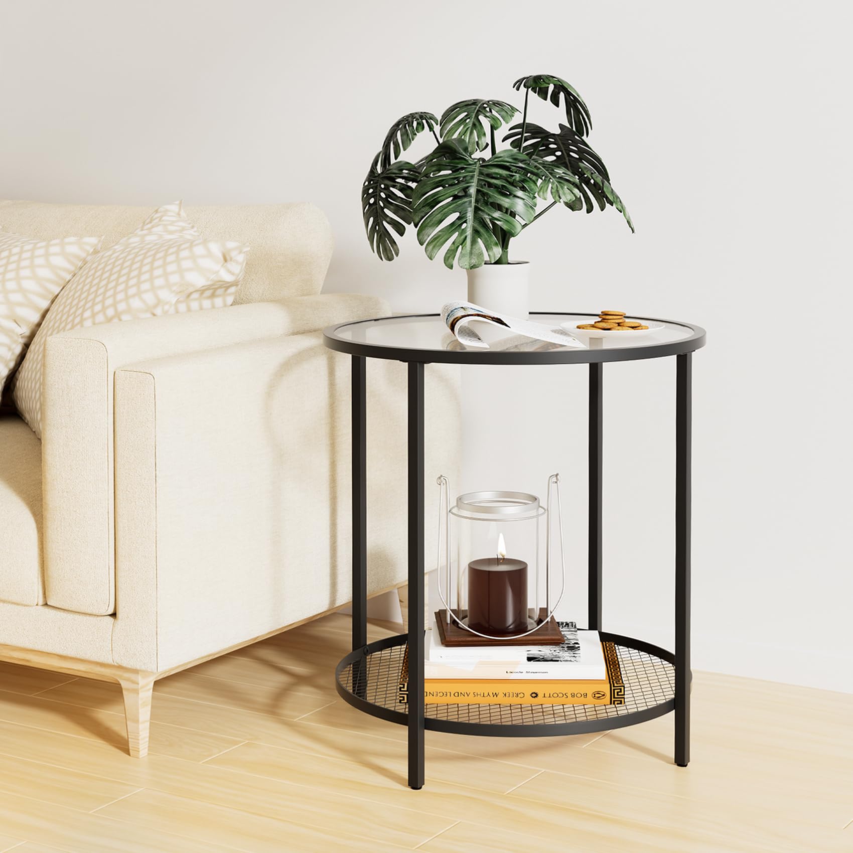 CADANI End Table, Glass Side Table with Open Storage