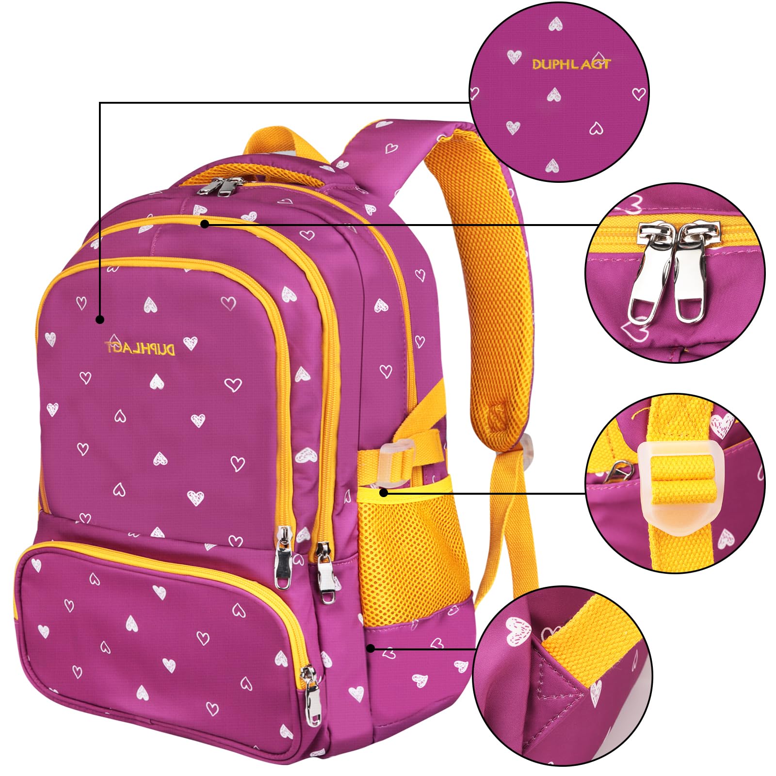 DUPHLAGT Kids Backpack for Girls with Lunch Box, Water Resistant Casual School Bag, Lightweight Elementary Daypack School Backpack for Teen Girls (Purple)