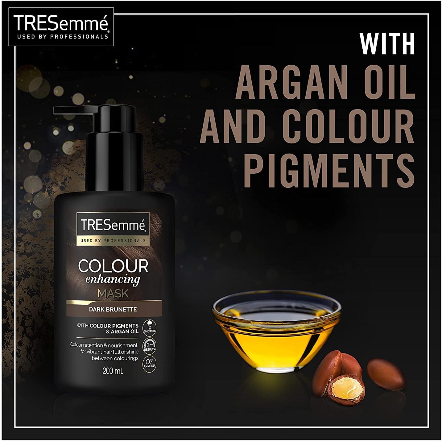 قناع TRESemmé Dark Brunette لتعزيز لون الشعر مع صبغات ملونة وزيت الأرغان للحصول على لون نابض بالحياة مع لمعان رائع بين الصبغات 200 مل