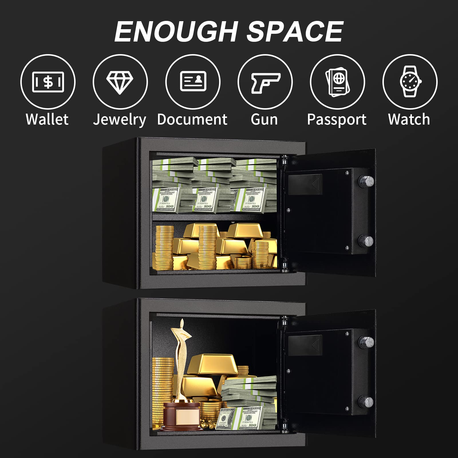 Tenamic Fireproof Safe Box 1.2 Cuft Electronic Digital Security Box, Keypad Small Lock Box Cabinet Safes with Internal Light, Solid Alloy Steel Office Hotel Home Safe with 2 Passwords, Black