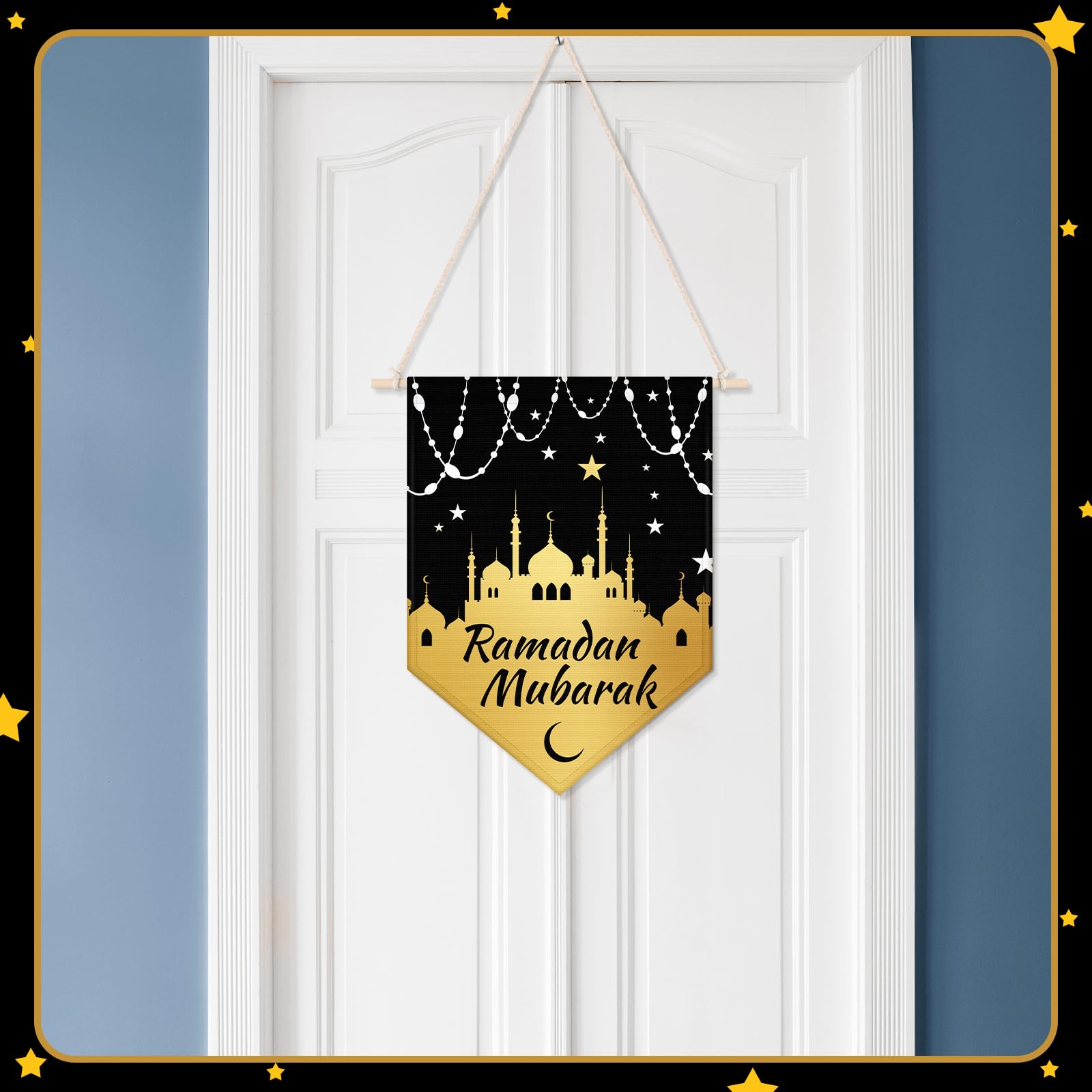 4 Pcs Ramadan Kareem Hanging Door Sign, Eid Mubarak Decorative Ramadan Canvas Sign Party Decorations Welcome Banner for Ramadan Kareem Eid Mubarak Home Door Party Supplies, 14.96 x 11.02 In (Black)