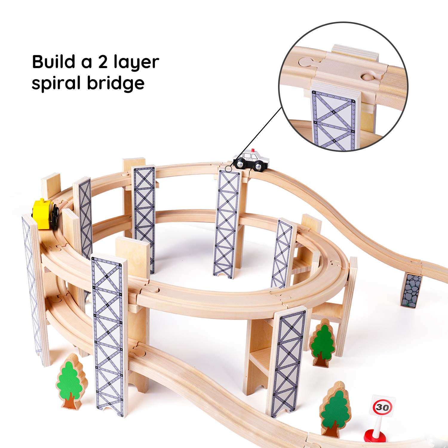SainSmart Jr. Wooden Train Set Toy with Rail High Level Part, 50 PCS Flyover Overpass Wooden Train Playset with 5 Magnetic Train Cars for Toddlers