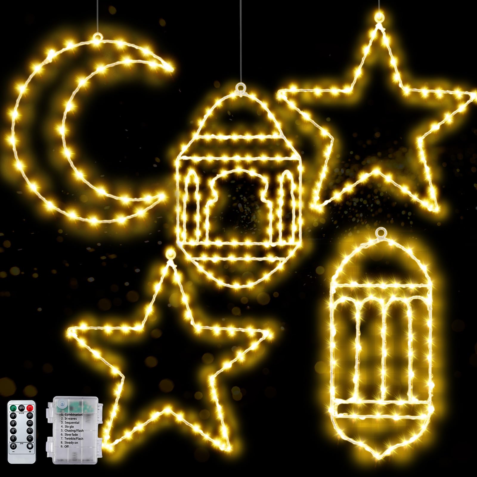 5 قطع من مصابيح رمضان وعيد الفطر من Glooglitter تعمل بالبطارية على شكل نجمة وقمر مع 8 أوضاع وامضة وأضواء ستائر بيضاء دافئة وزخارف رمضان مبارك لغرفة نافذة إسلامية وديكور حائط