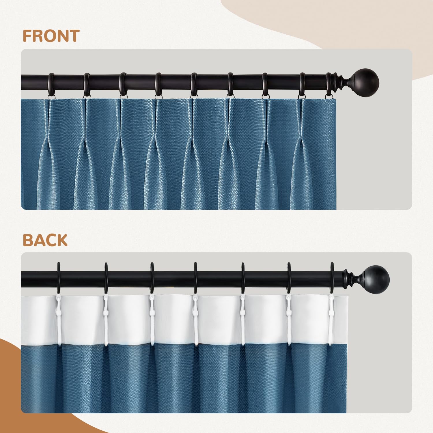 ستائر LIYAXUN مع خطافات لنظام المسار، ستائر مطوية مضغوطة من الكتان الصناعي معتمة بنسبة 70%