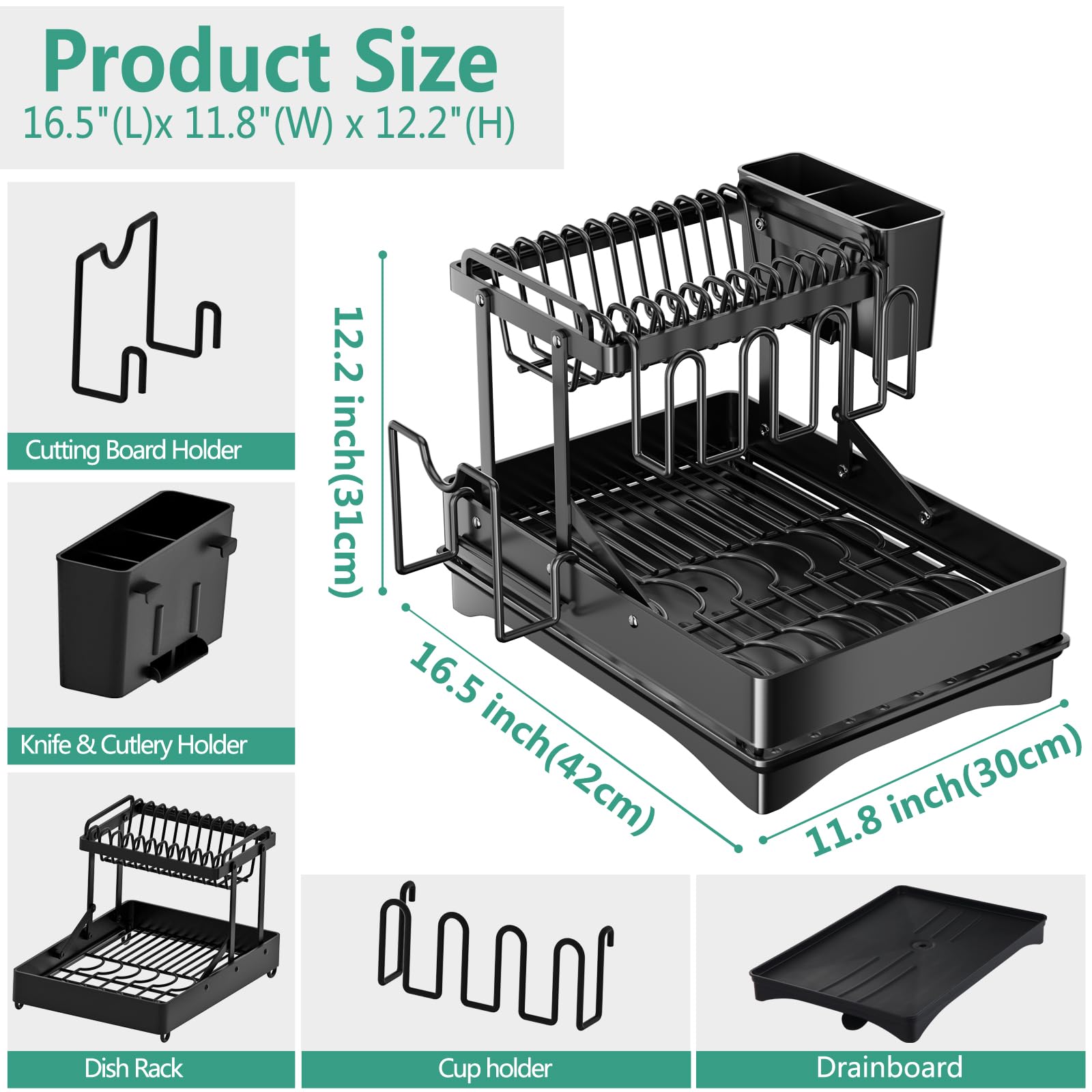 رف تجفيف الأطباق هيفيوير، رف أطباق متعدد الوظائف وقابل للطي لطاولة المطبخ، أسود