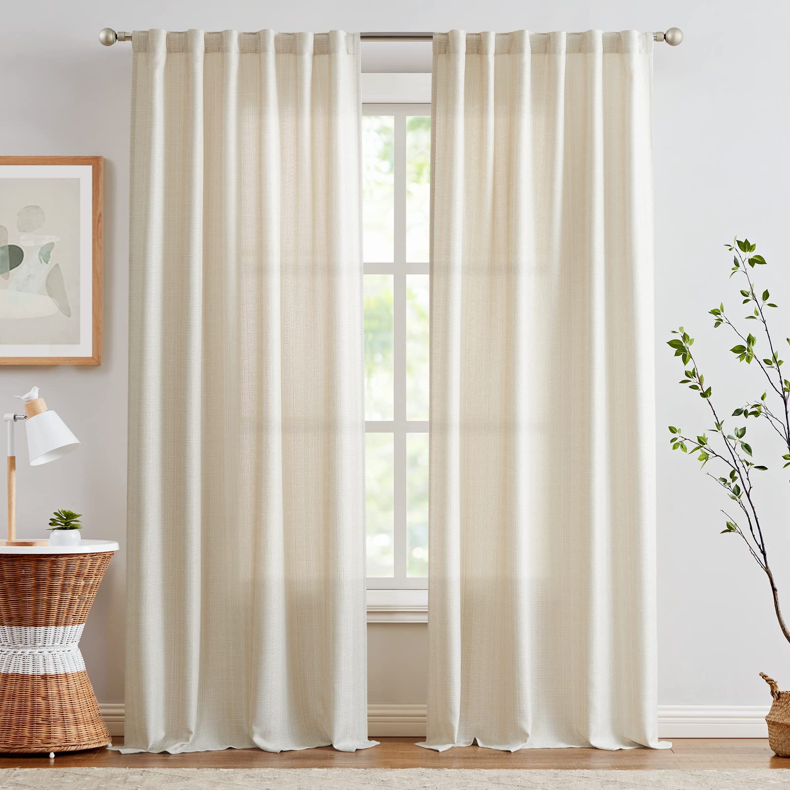 ستائر جينتشان لغرفة المعيشة وغرفة النوم، ستائر من الكتان المزخرف بطول 213 سم، مكونة من لوحين، ستائر ريفية بيج، ستائر منسوجة غير رسمية، ستائر نافذة بمرشحات للضوء، مجموعة ستائر بيج مخططة