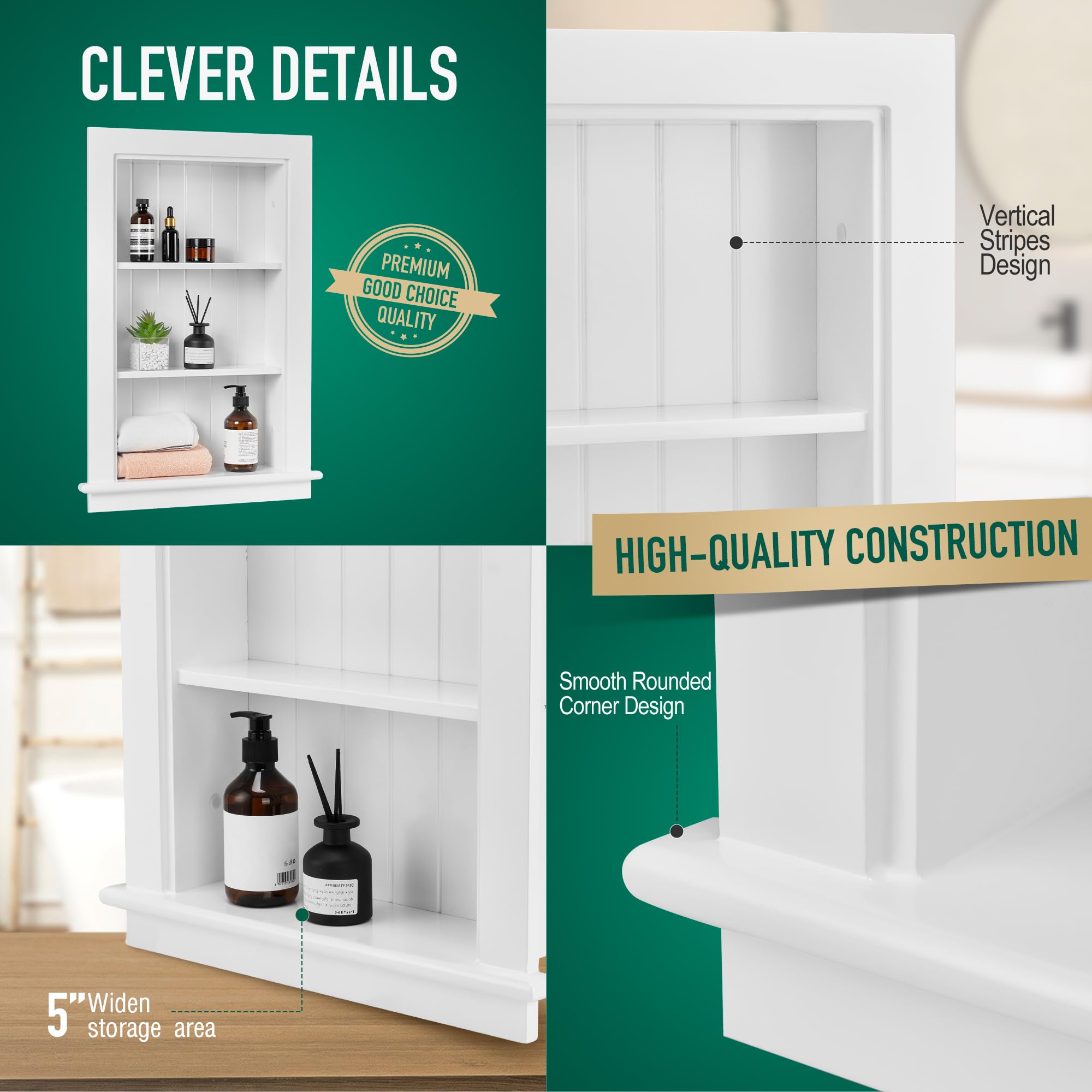 Potter-Island 14 x 24 Medicine Cabinet Recessed, Wall Niche, Bathroom Wall Cabinet, 3-Tier, Between Studs Shelving for Drywall, White