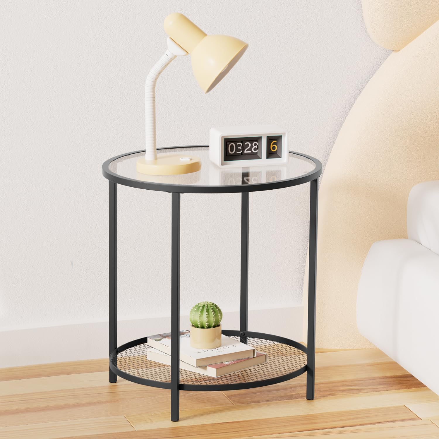 CADANI End Table, Glass Side Table with Open Storage