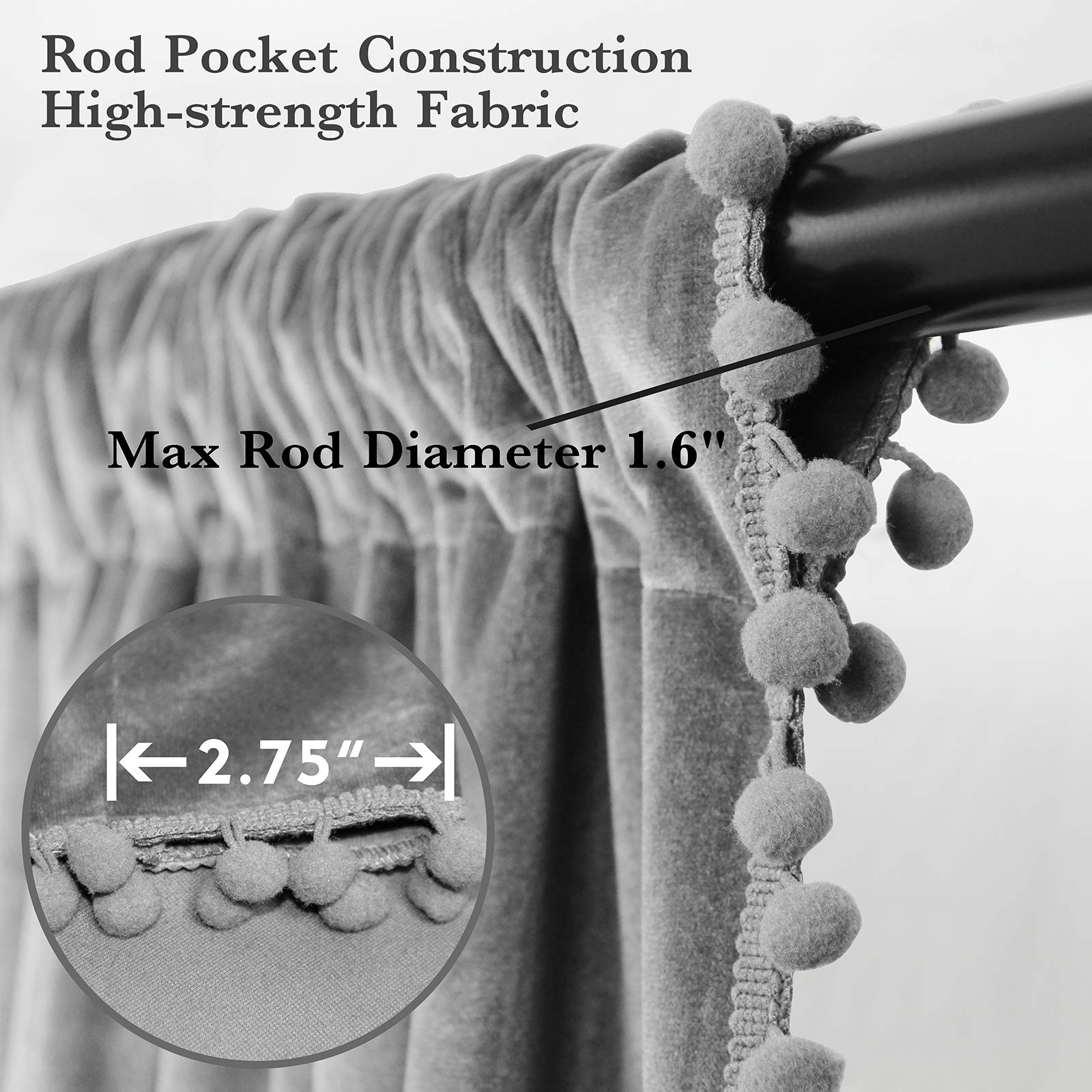 ستائر سنيتي المخملية المزينة بكرات الصوف مع جيب للقضيب، مجموعة من لوحين (رمادي)