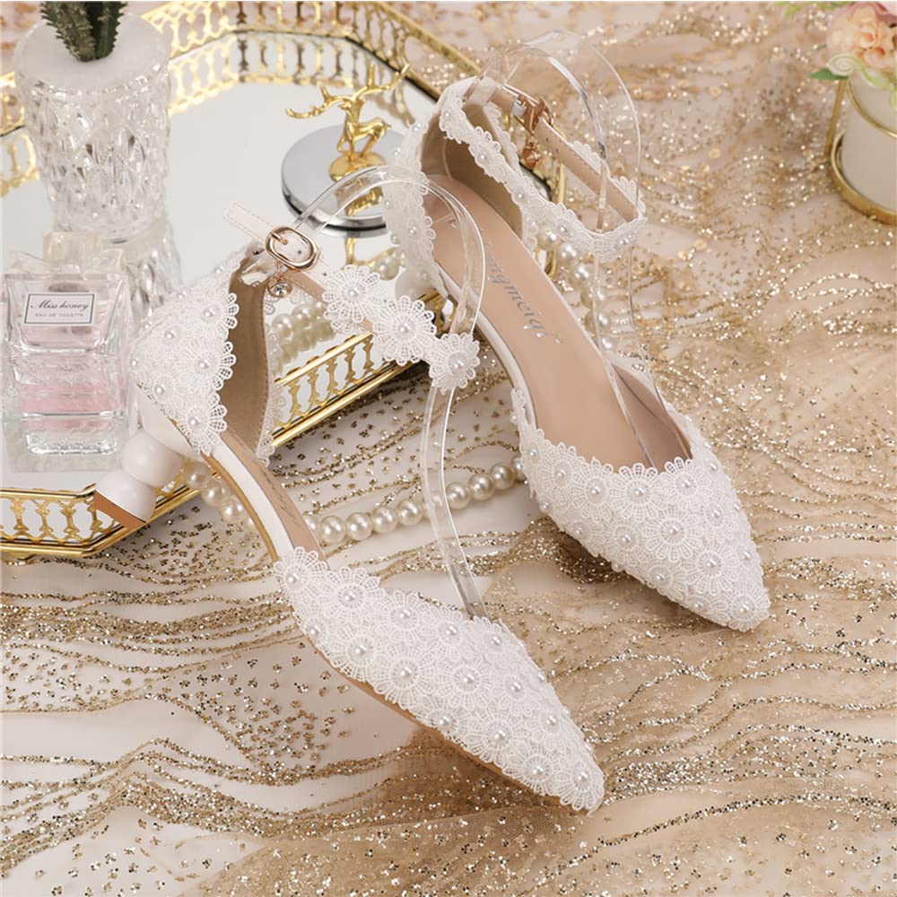 SIZE 40 - Yihongmeiqi Women White Low Heel Toe Pumps Pointy Wedding Bridal Shoes Lace Pearls Party Shoes
