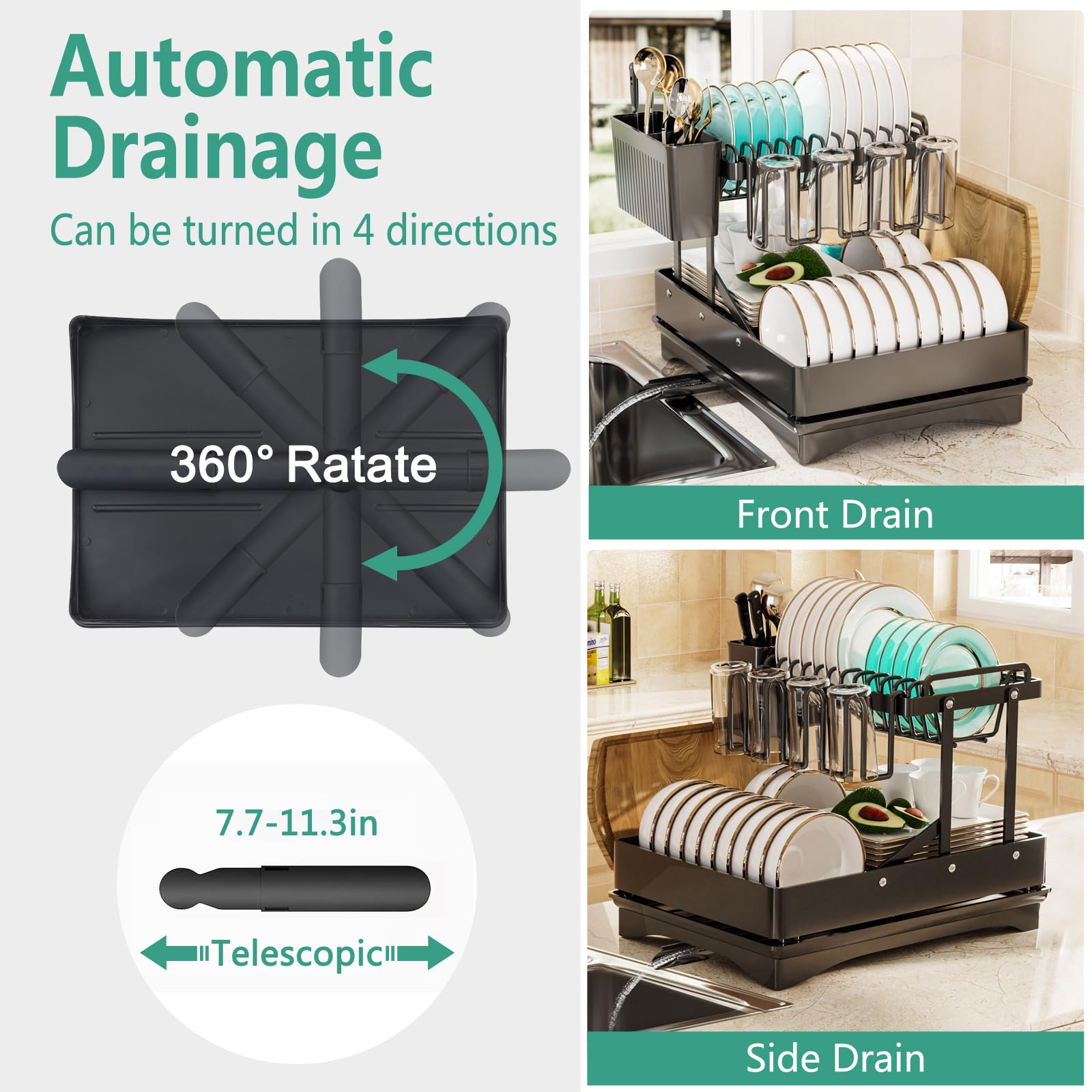 رف تجفيف الأطباق هيفيوير، رف أطباق متعدد الوظائف وقابل للطي لطاولة المطبخ، أسود