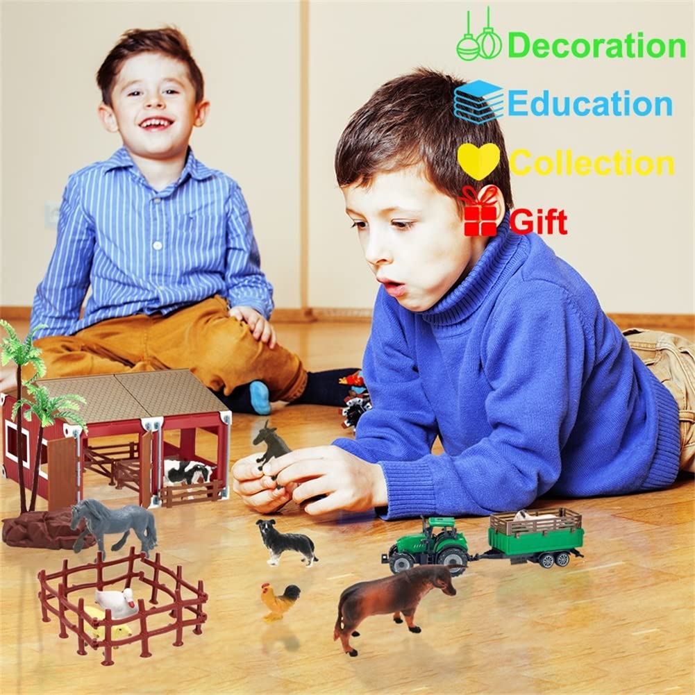 Buyger Mini Barn Farm Toys Playset, Plastic Animals Figurines and Fence Farm Playset, Farm Figures Farmer Vehicle Toy Truck with Trailer for 3-12 Years Old Kids Boys Girls Toddlers
