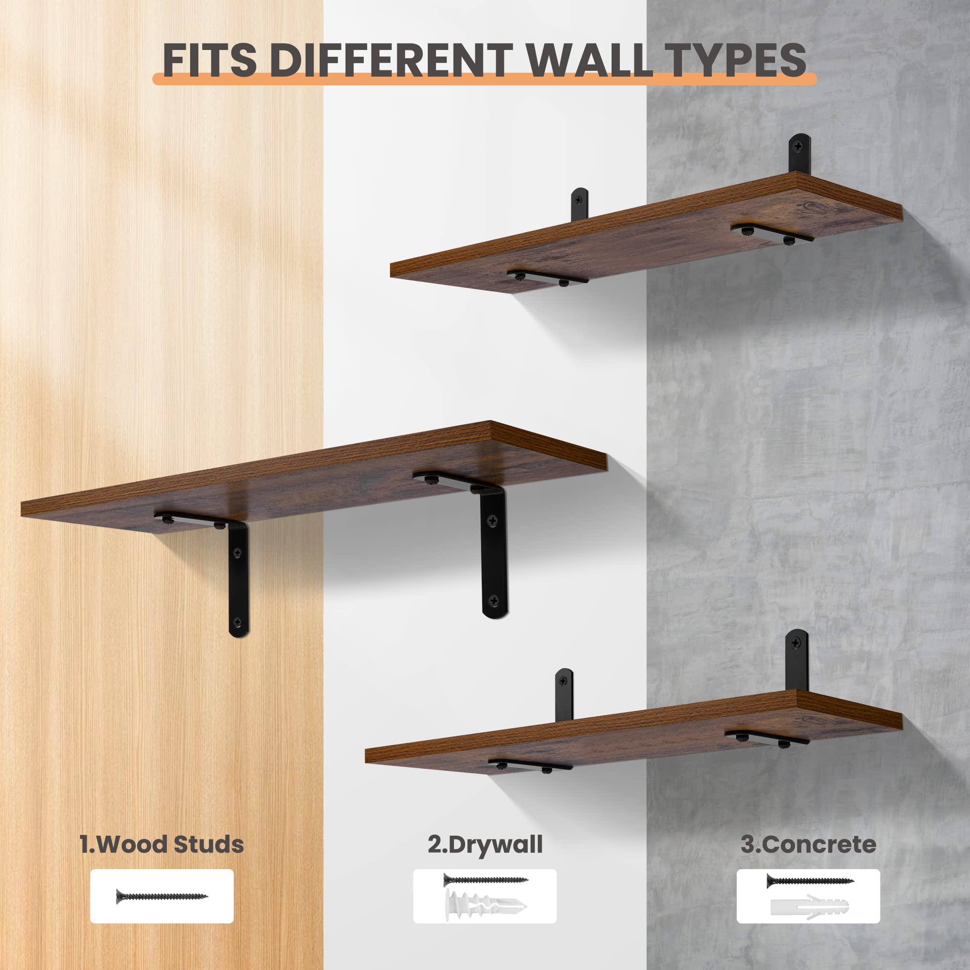 Upsimples Floating Shelves for Wall Decor Storage, Wall Mounted Shelves Set of 3, Sturdy Small Wood Shelves with Metal Brackets Hanging for Bedroom, Living Room, Bathroom, Kitchen, Book, Dark Brown