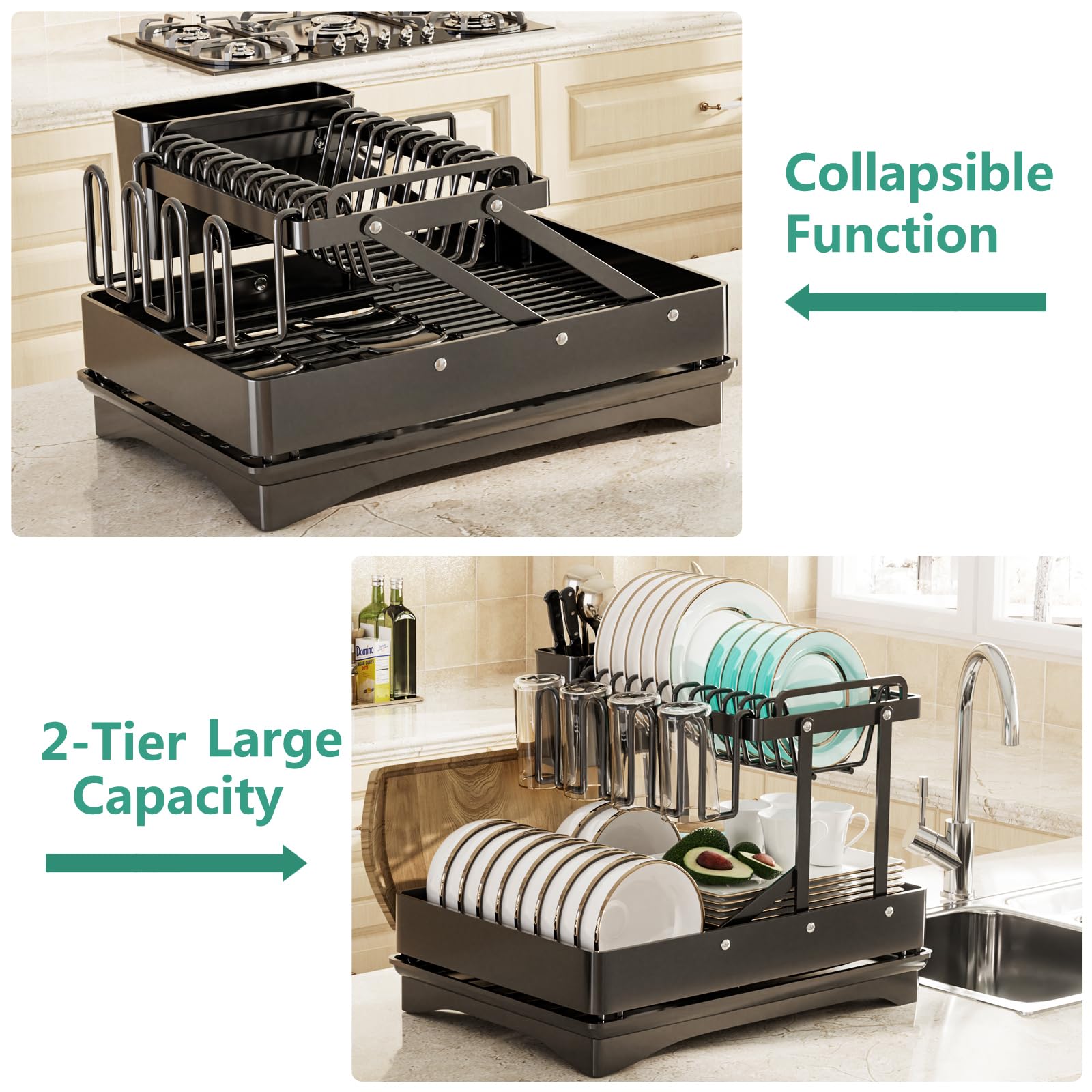 رف تجفيف الأطباق هيفيوير، رف أطباق متعدد الوظائف وقابل للطي لطاولة المطبخ، أسود