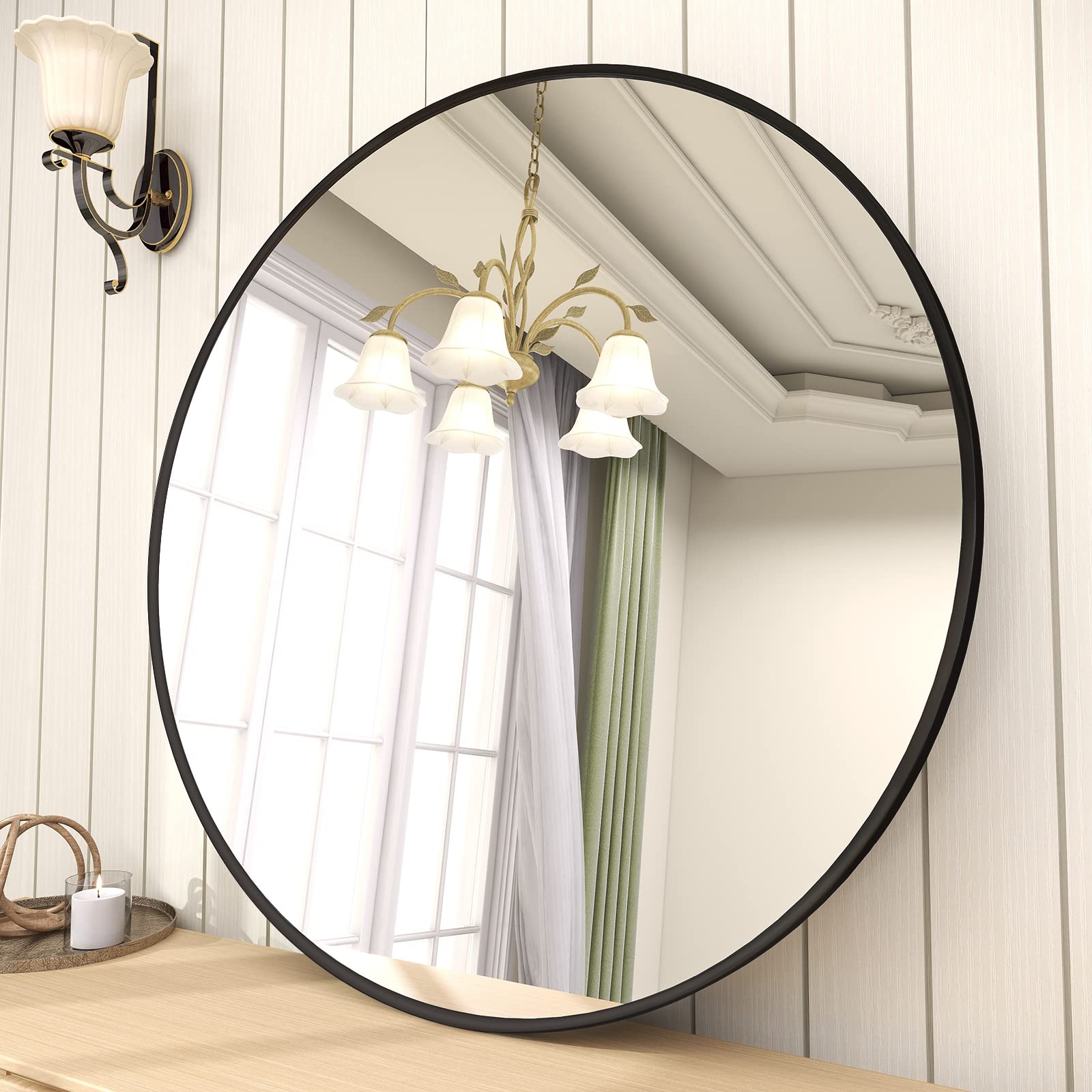 BEAUTYPEAK 45 cm Round Mirror, Black Metal Frame Circle Mirror