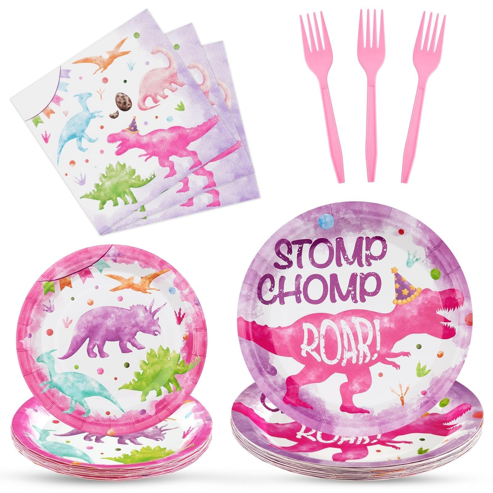 WERNNSAI Pink Dinosaur Party Supplies - 64 PCS Dino Birthday Table Decoration Disposable Plates Napkins Forks Dinosaur First Birthday Tableware Set for Girls Birthday Baby Shower Serves 16 Guests - D