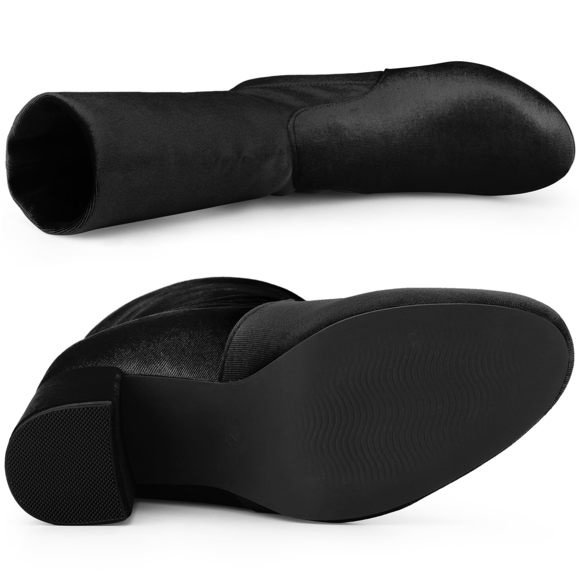 المقاس: 39 - حذاء نسائي من Allegra K مخملي على شكل جورب بمقدمة مستديرة وكعب سميك قابل للطي باللون الأسود بطول منتصف الساق