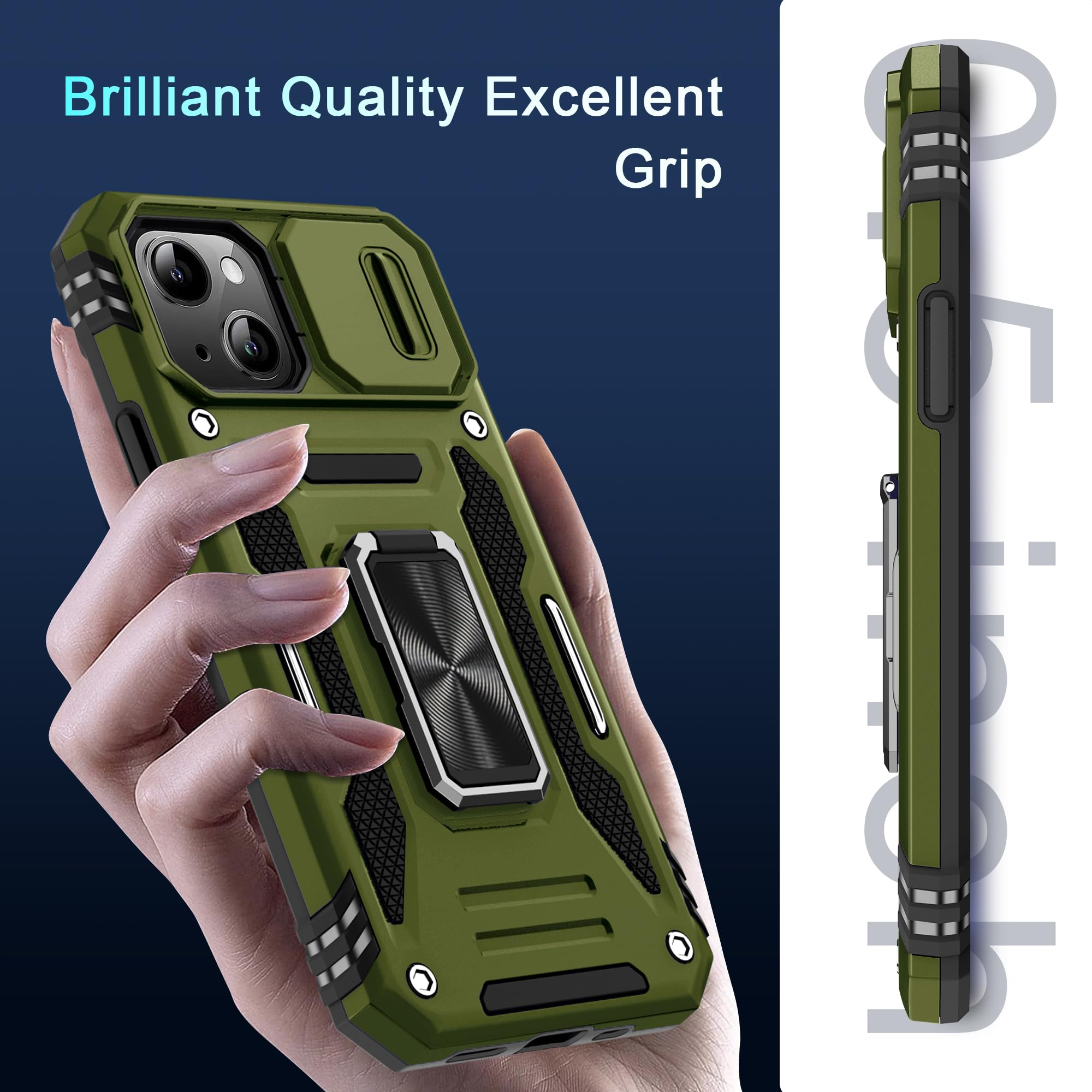BAHAHOUSES Case for iPhone 15 with Slide Camera Cover, Rotated Ring Kickstand Military Grade Shockproof Protective Cover-Olive Green