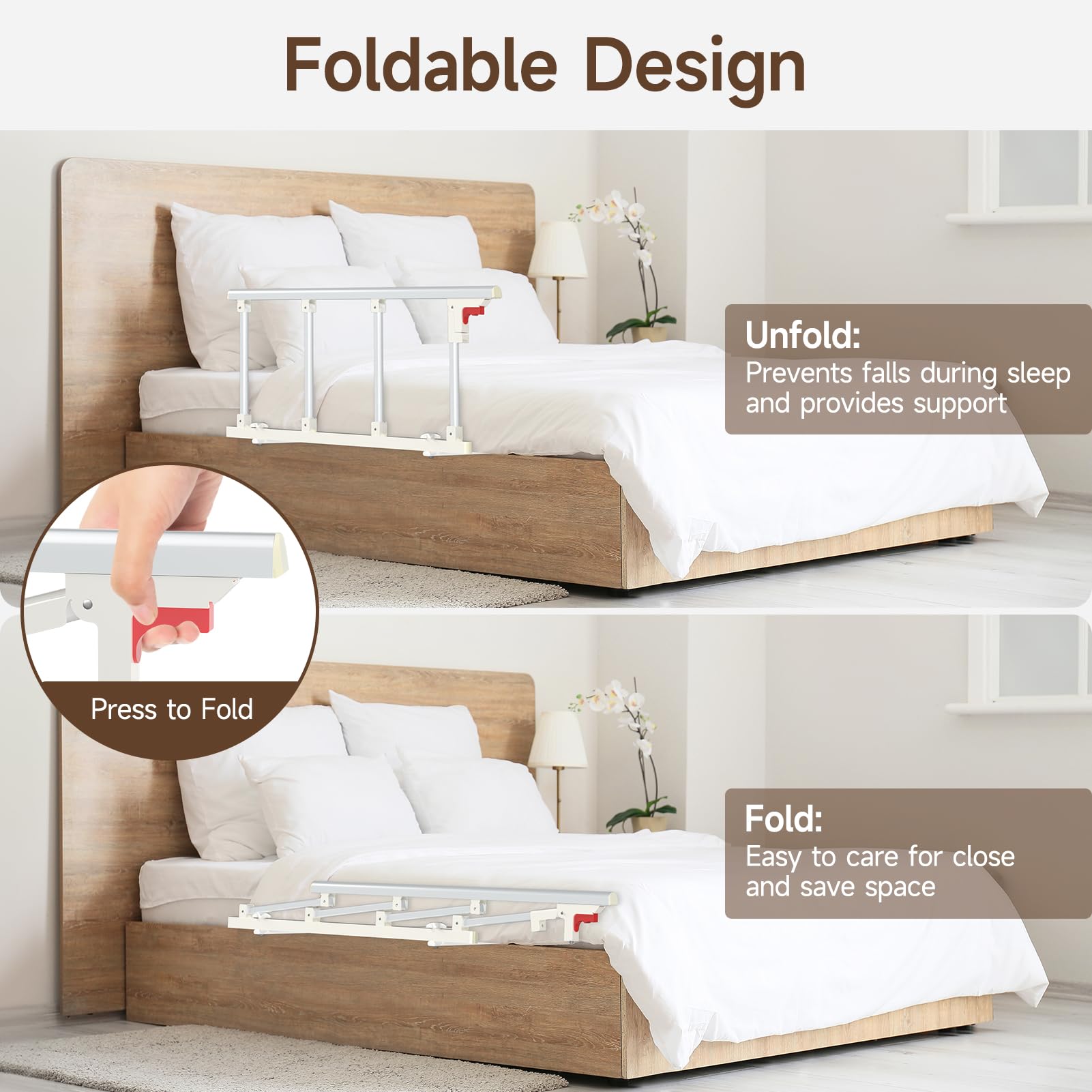 درابزين سرير WAYES لكبار السن (34 بوصة × 16 بوصة)، درابزين جانبي قابل للطي للسرير كامل الحجم، سرير كوين، سرير كينج، واقي أمان، متين، تركيب بدون أدوات