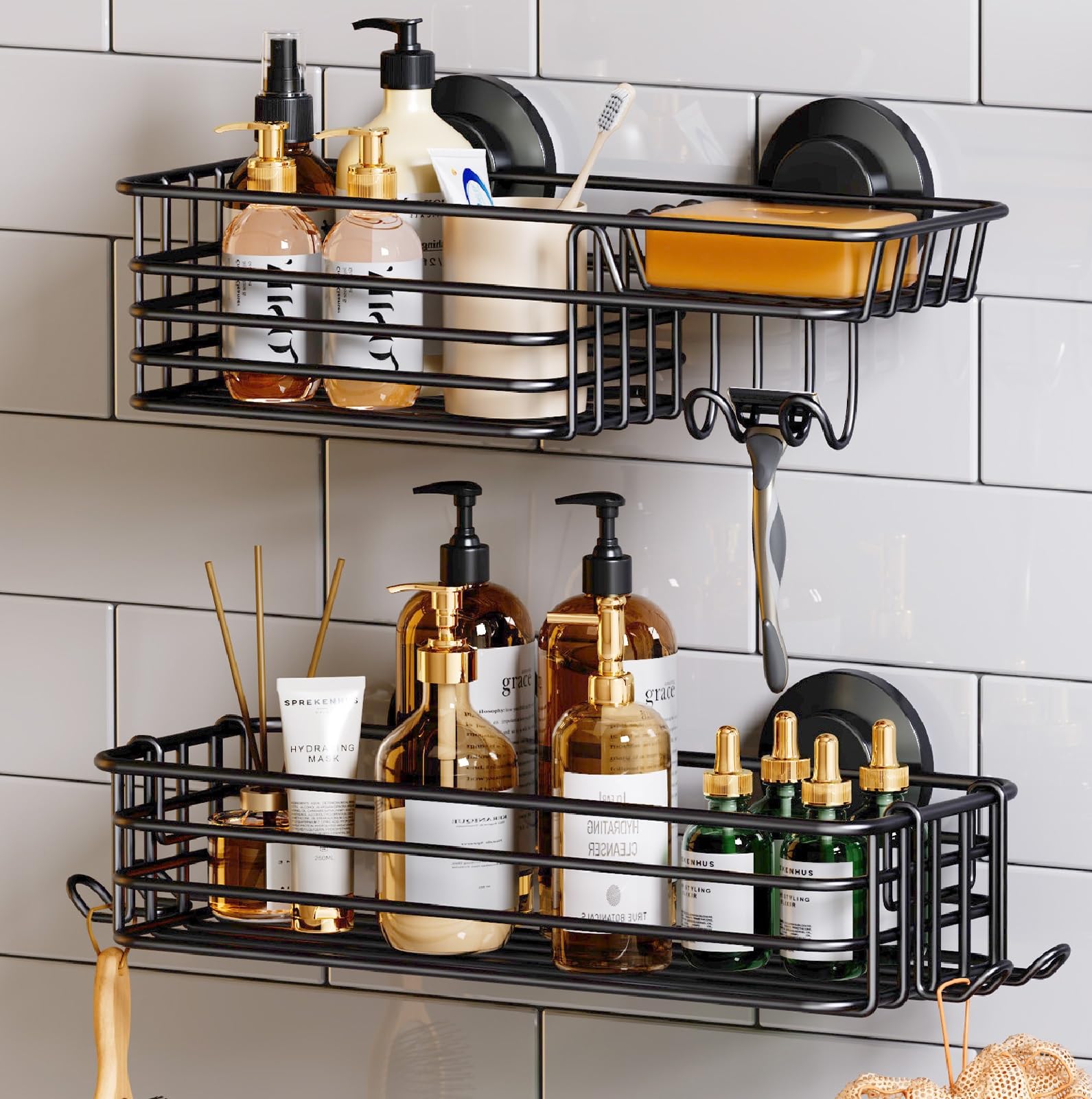 TAILI Shower Caddy Suction Cup 2 Pack with Hooks & Soap holder