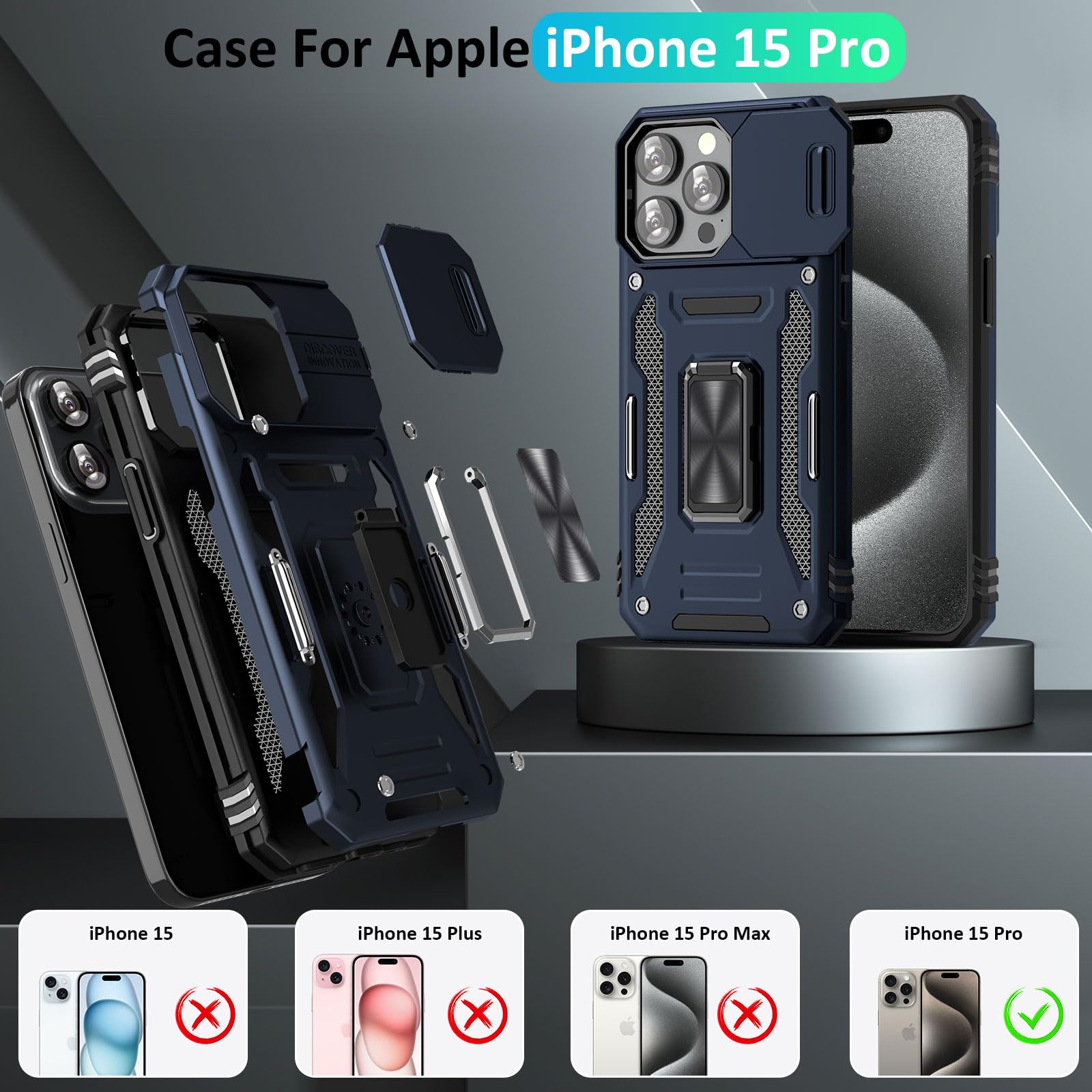 جراب هاتف UKLCCU لهاتف iPhone 15 Pro جراب هاتف iPhone 15 Pro للرجال مع واقي للكاميرا وحامل، حامل حلقي مدمج يدور 360 درجة لهاتف iPhone 15 Pro - أزرق