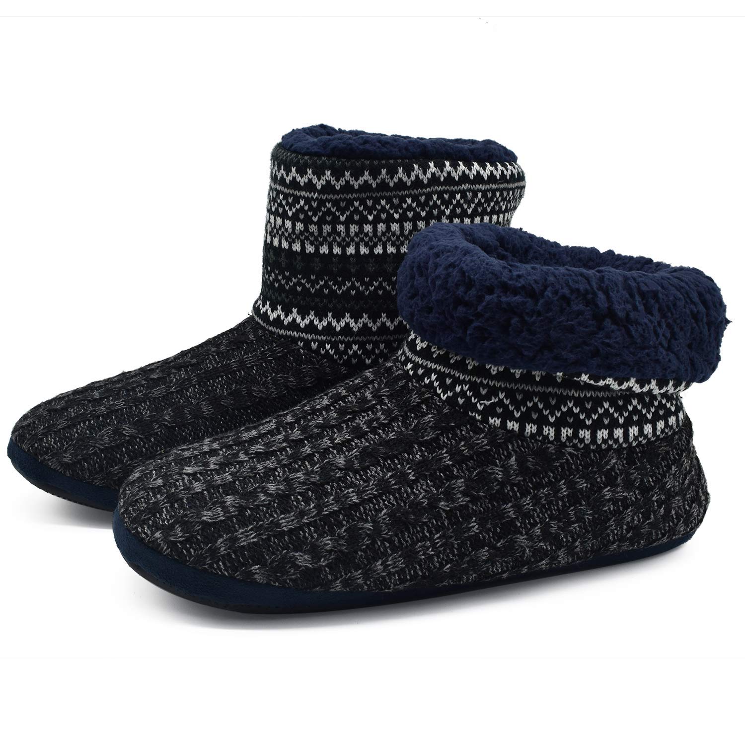 SIZE: 40 - GPOS Knit Rock Wool Warm Men Indoor Pull on Cozy Memory Foam Slipper Boots Soft Rubber Sole Black/White
