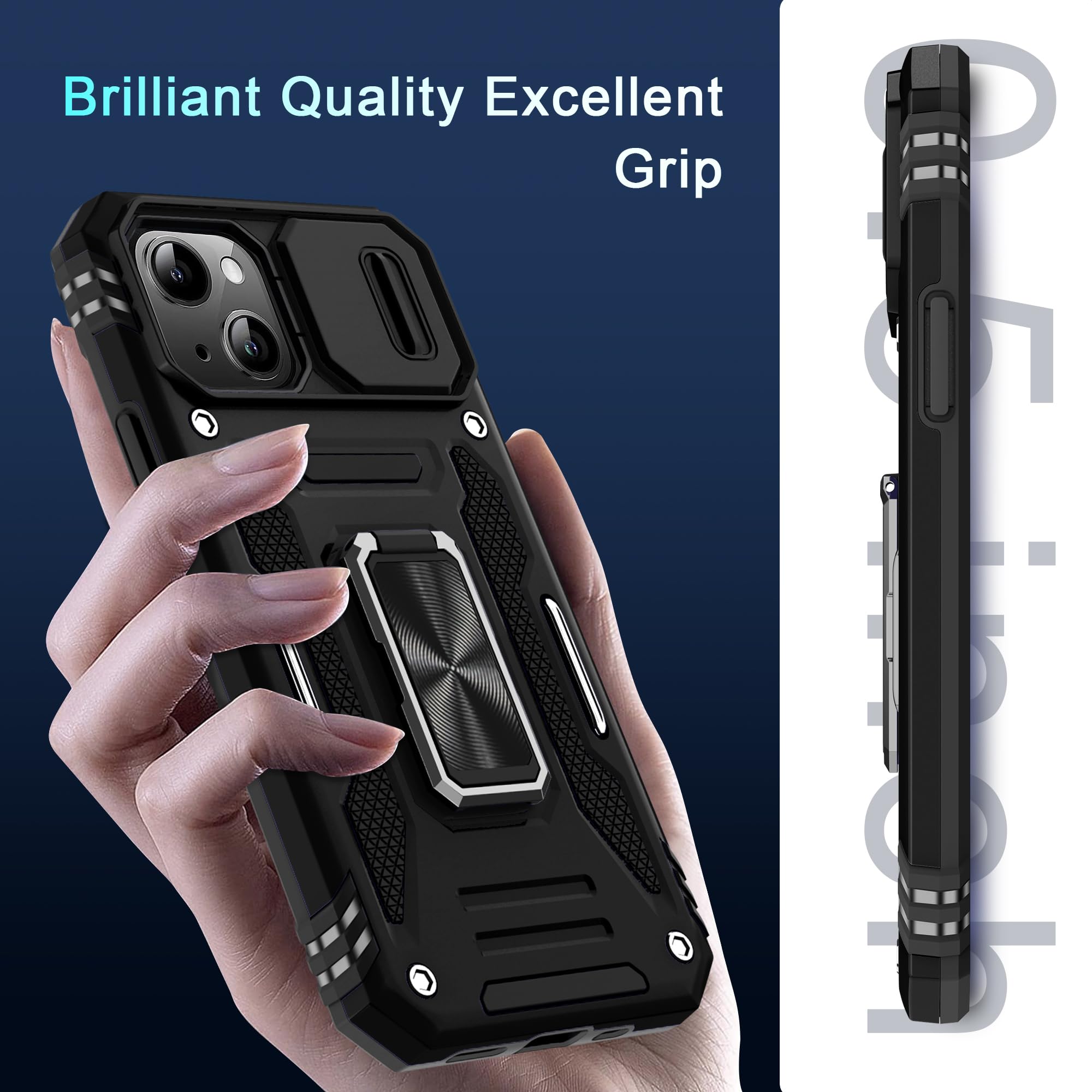 BAHAHOUSES Case for iPhone 15 with Slide Camera Cover, Rotated Ring Kickstand Military Grade Shockproof Protective Cover-Black