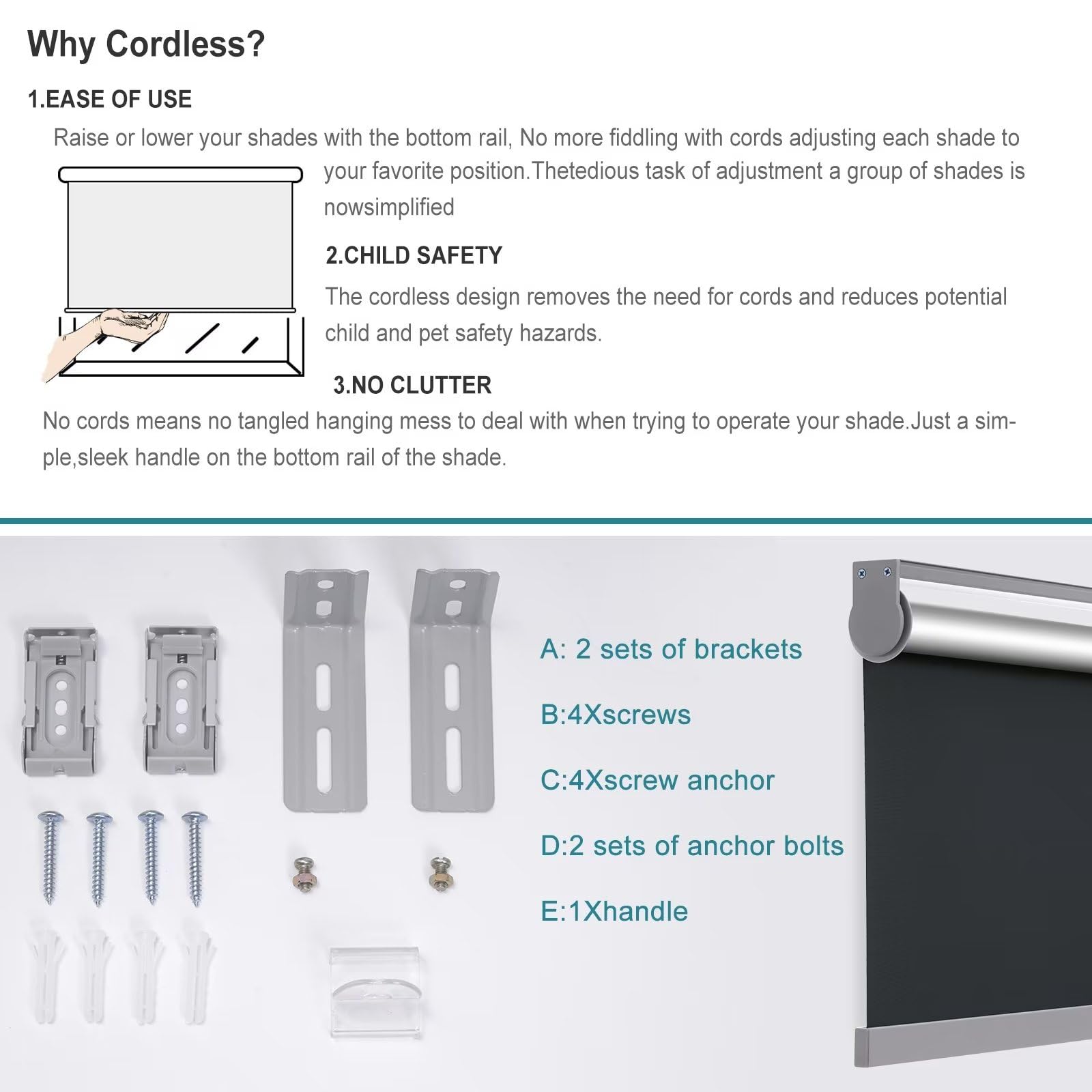 SIZE: 58*182 CM - Changshade Cordless & Blackout Roller Shade, Room Darkening Rolled Up Shade, Fabric Window Blind, for Light Blocking/Sun Protection, 24 inches Wide, Black