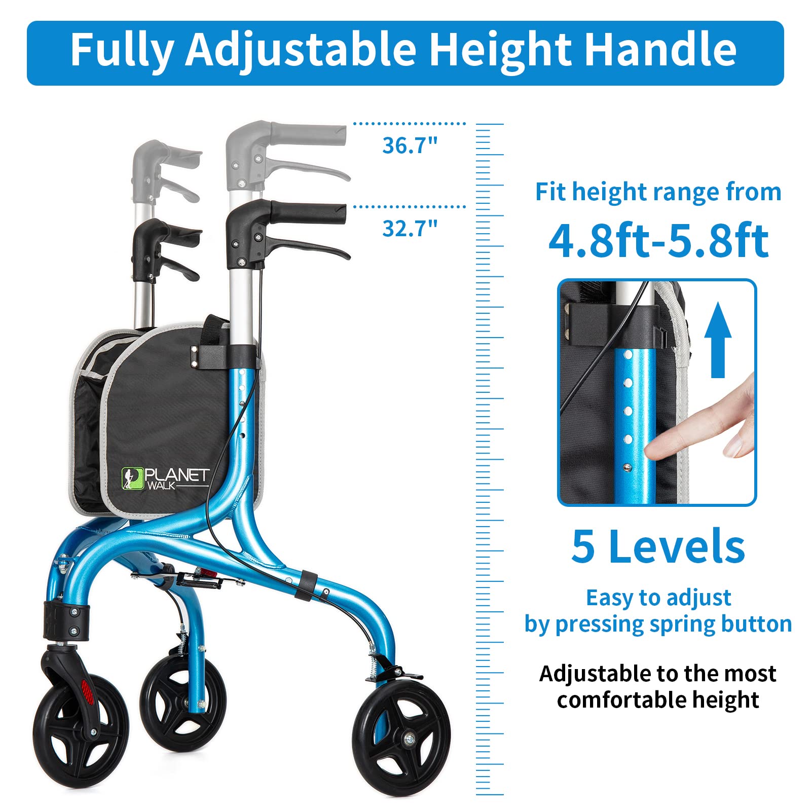 Planetwalk Premium 3 Wheel Rollator Walker for Seniors - Ultra Lightweight Foldable Walker