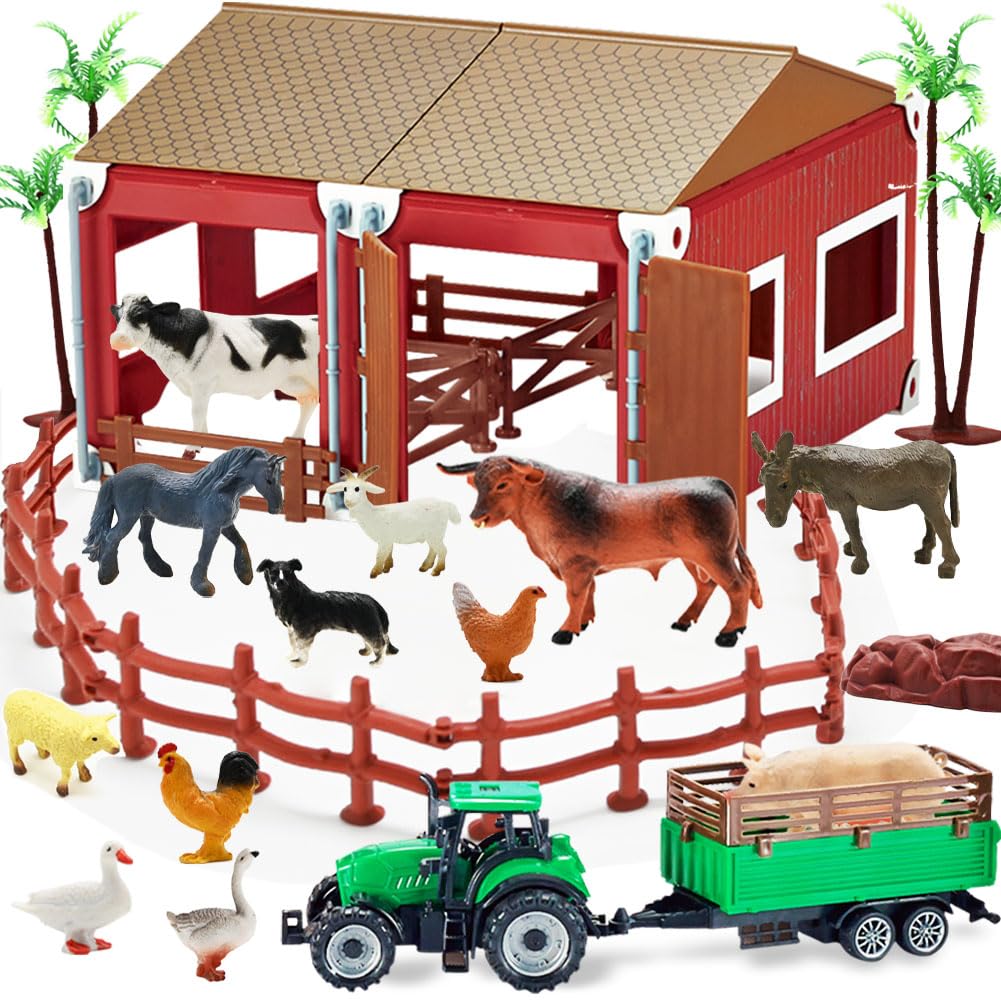Buyger Mini Barn Farm Toys Playset, Plastic Animals Figurines and Fence Farm Playset, Farm Figures Farmer Vehicle Toy Truck with Trailer for 3-12 Years Old Kids Boys Girls Toddlers