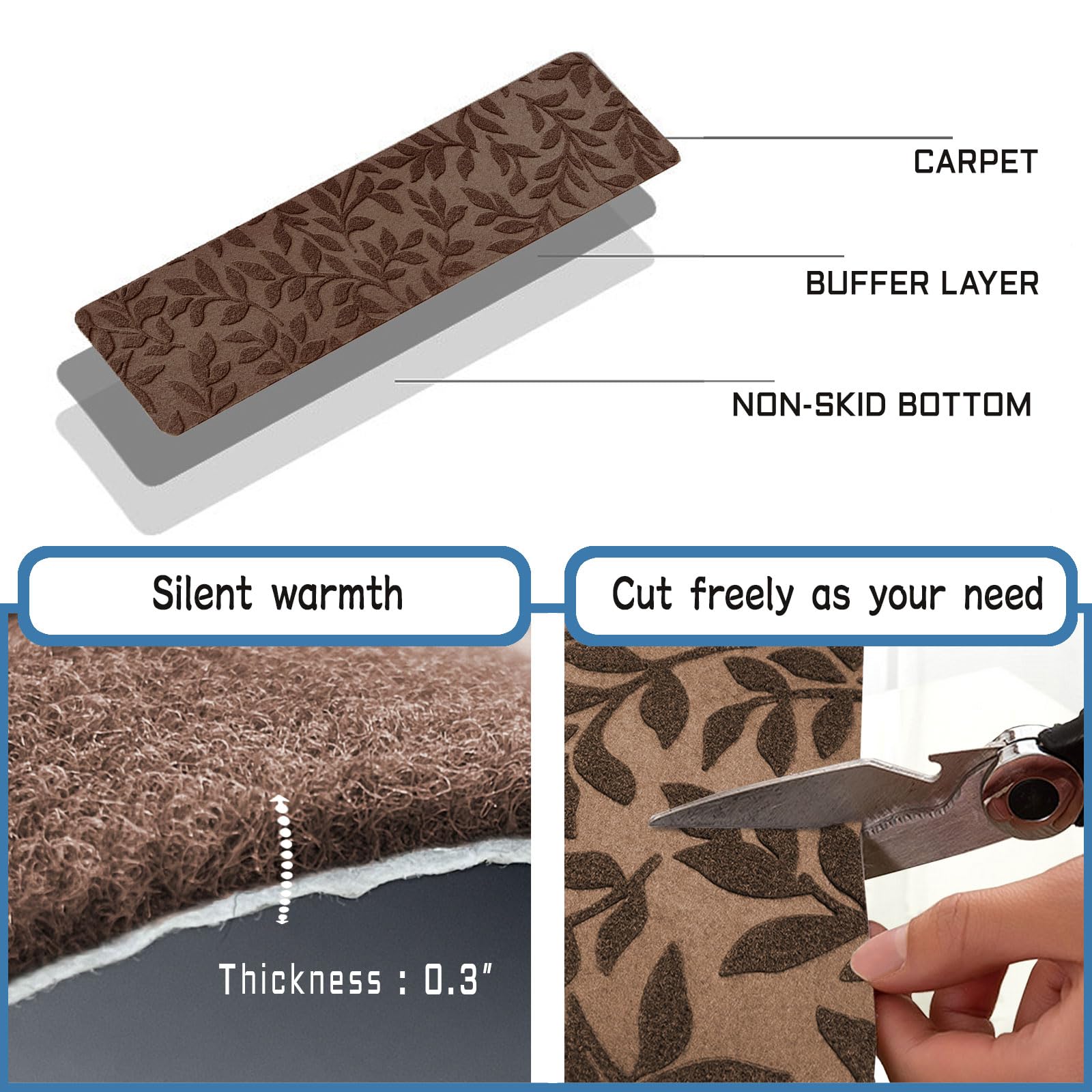 Bulijojo Non-Slip Carpet Stair Treads for Wooden Steps Set of 15, 30"X8" Indoor Stair Runner Stair Rugs for Dogs, Kids & Elders, Stair Mat with Reusable Adhesive (Leaf Brown)