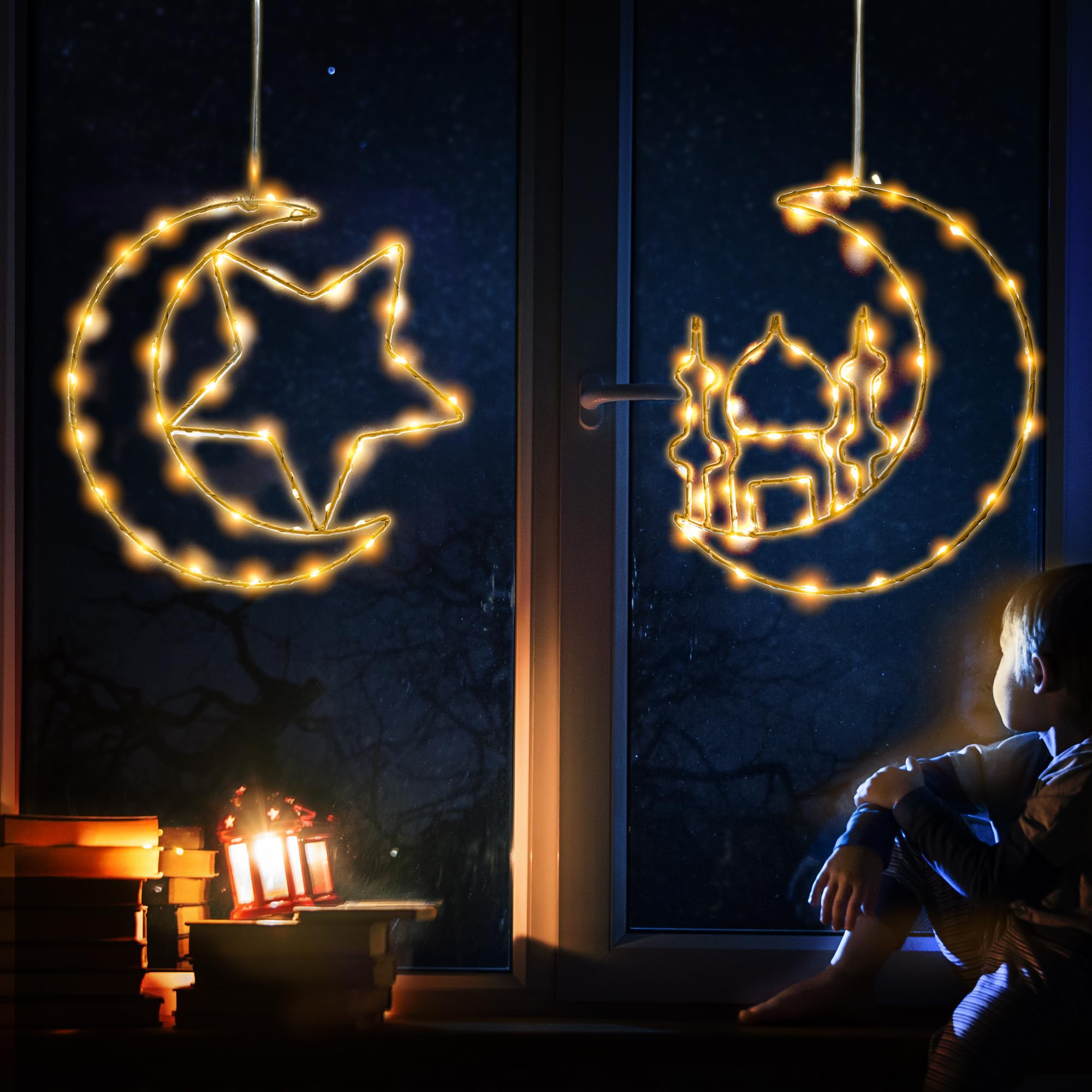 زينة رمضان بيناتا، مصابيح نافذة على شكل نجمة وقمر، عبوة من قطعتين، ديكور عيد مبارك، مصابيح رمضان LED معلقة تعمل بالبطارية، زينة عيد للمنزل، ديكور داخلي وخارجي (وظيفة مؤقت معدني عالي التحمل)
