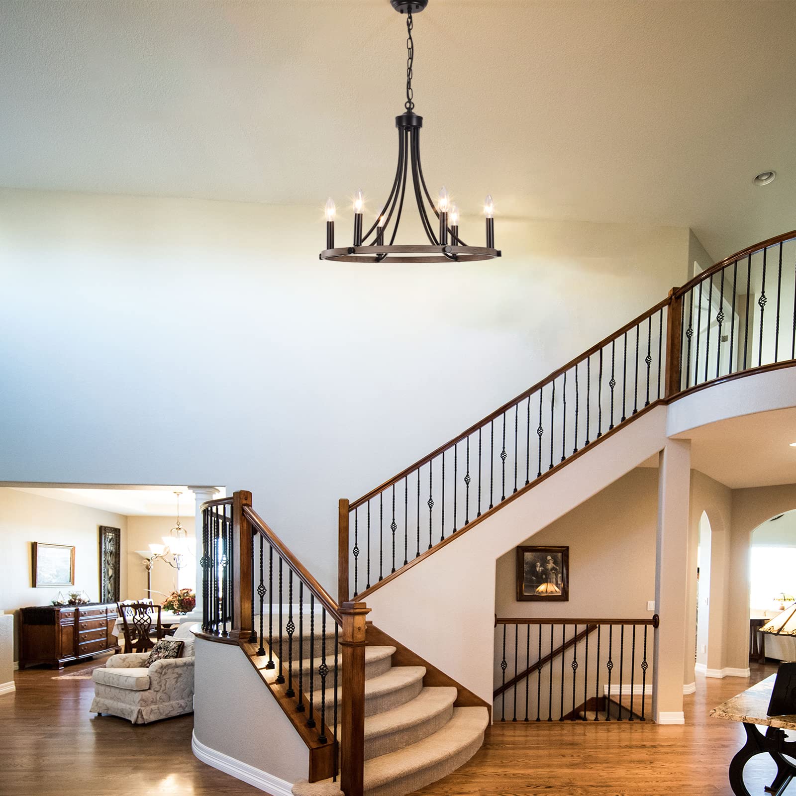 ثريا يارلكاف على شكل عجلة عربة لغرفة الطعام، ثريا مزرعة سوداء بستة مصابيح معلقة دائرية