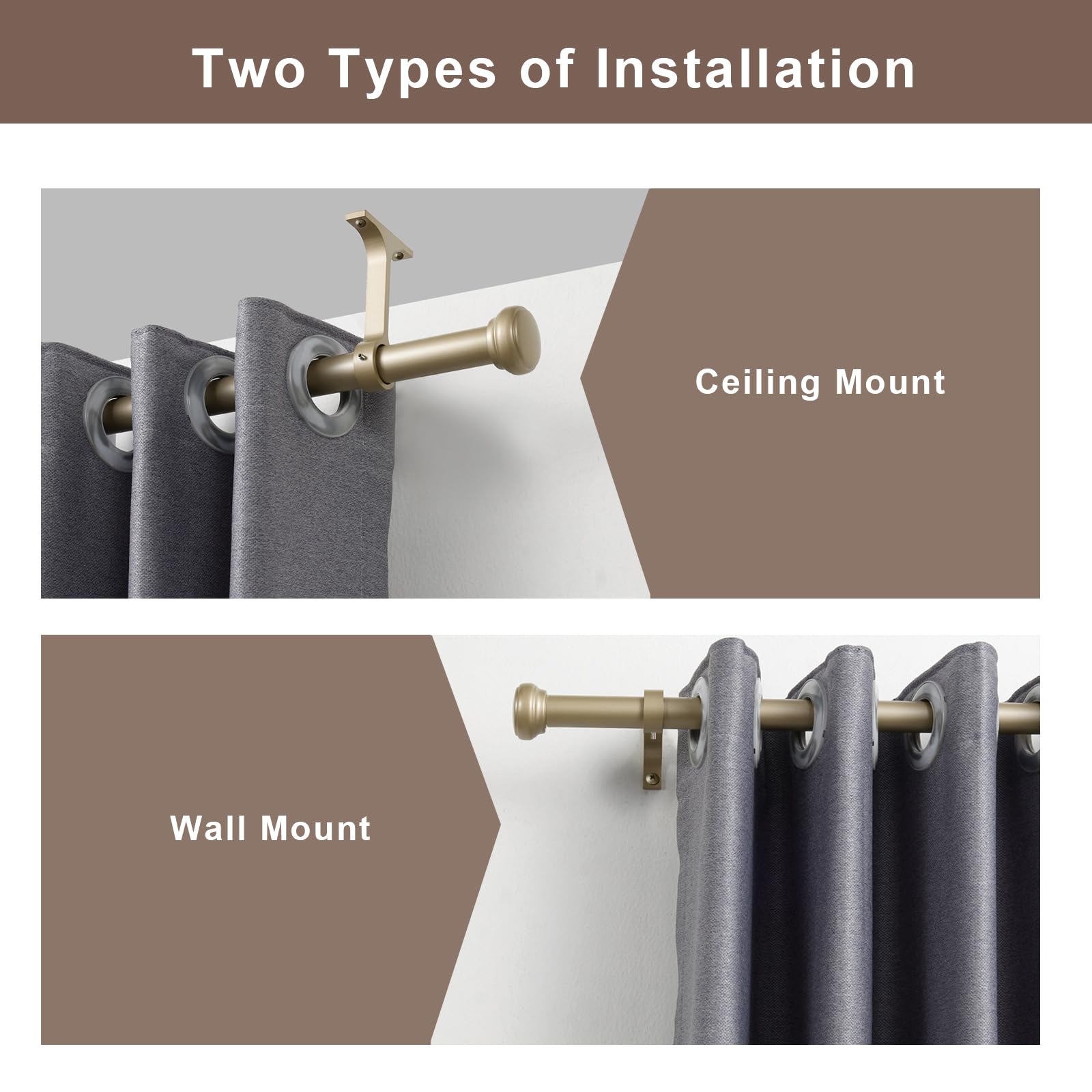 قضيب ستارة ثقيل، مجموعة من قطعتين من قضيب الستارة القابل للتعديل للنوافذ مع غطاء دائري، ذهبي فاتح