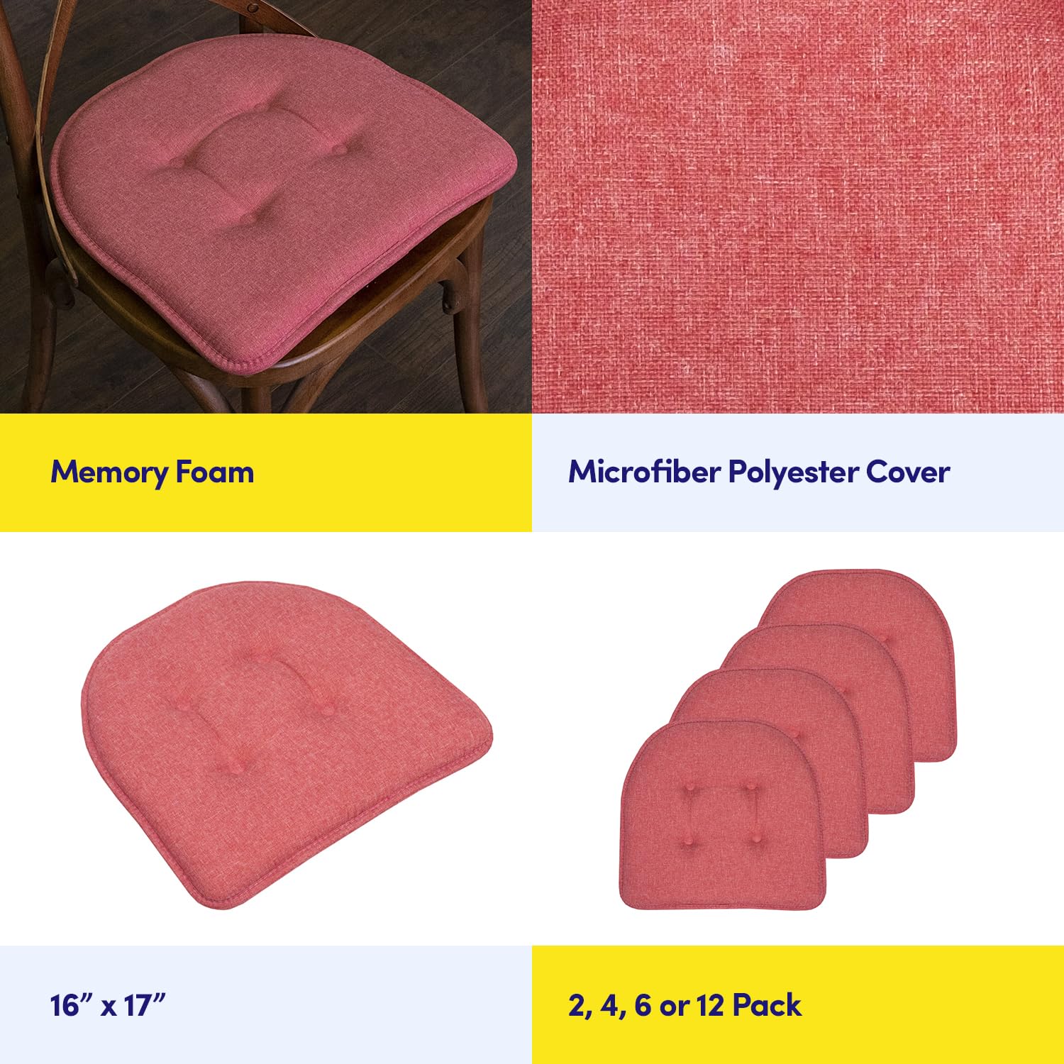 Sweet Home Collection Chair Cushion Memory Foam Pads Tufted Slip Non Skid Rubber Back U-Shaped 17" x 16" Seat Cover, 2 Count (Pack of 1), Peach