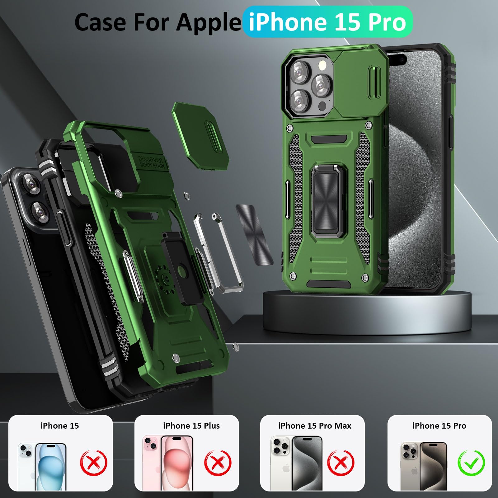 جراب UKLCCU لهاتف iPhone 15 Pro جراب iPhone 15 Pro للرجال مع غطاء كاميرا منزلق، حامل حلقي مدمج يدور 360 درجة لهاتف iPhone 15 Pro - أخضر زيتوني