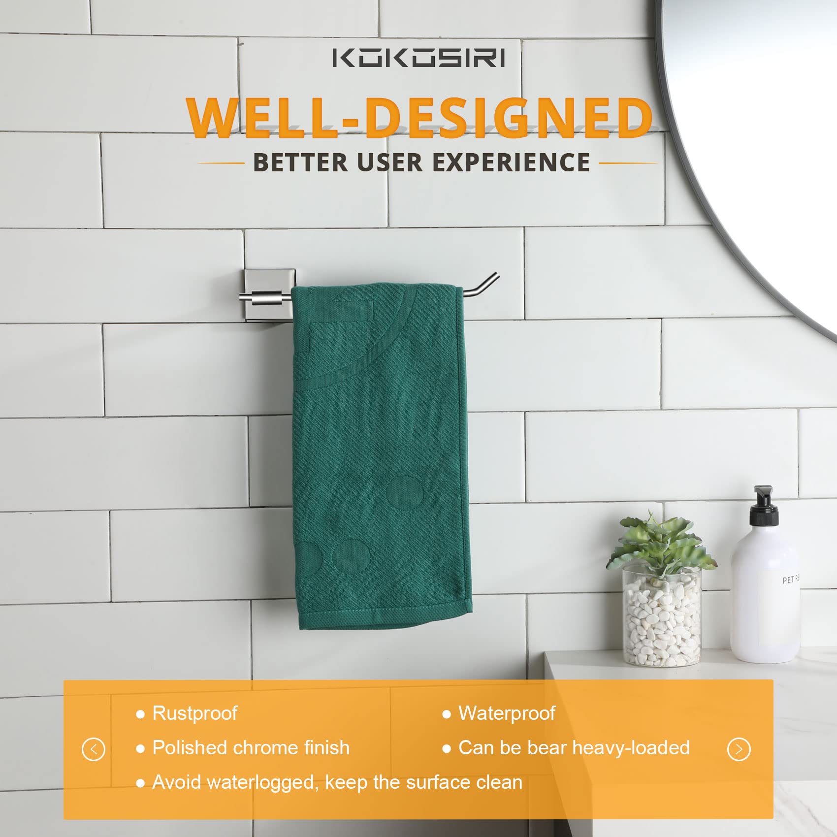 حامل مناشف حمام من كوكوسيري، حامل مناشف للحمام والمطبخ، مقاس 9 بوصات، حامل قلادة من الفولاذ المقاوم للصدأ والكروم B3005CH