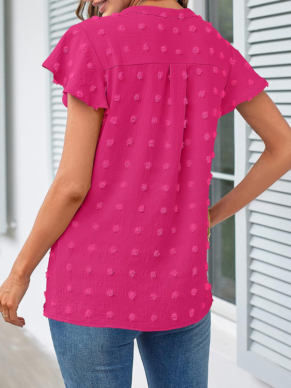 المقاس: 3XL - بلوزة نسائية من Fantaslook برقبة على شكل حرف V وأكمام قصيرة منقطة سويسرية، قميص فضفاض كاجوال للعمل، لون وردي فاقع متوسط