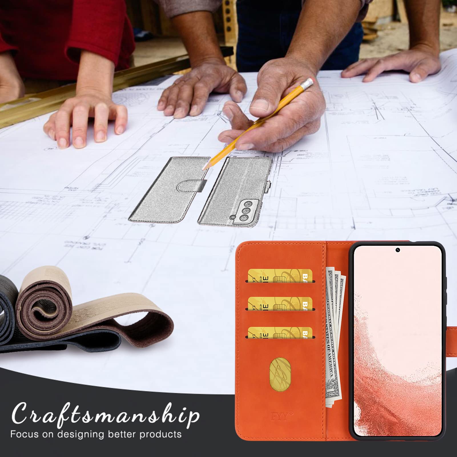 FYY Case for Samsung Galaxy S22 Plus 5G Wallet Case,Luxury PU Leather, Red - D