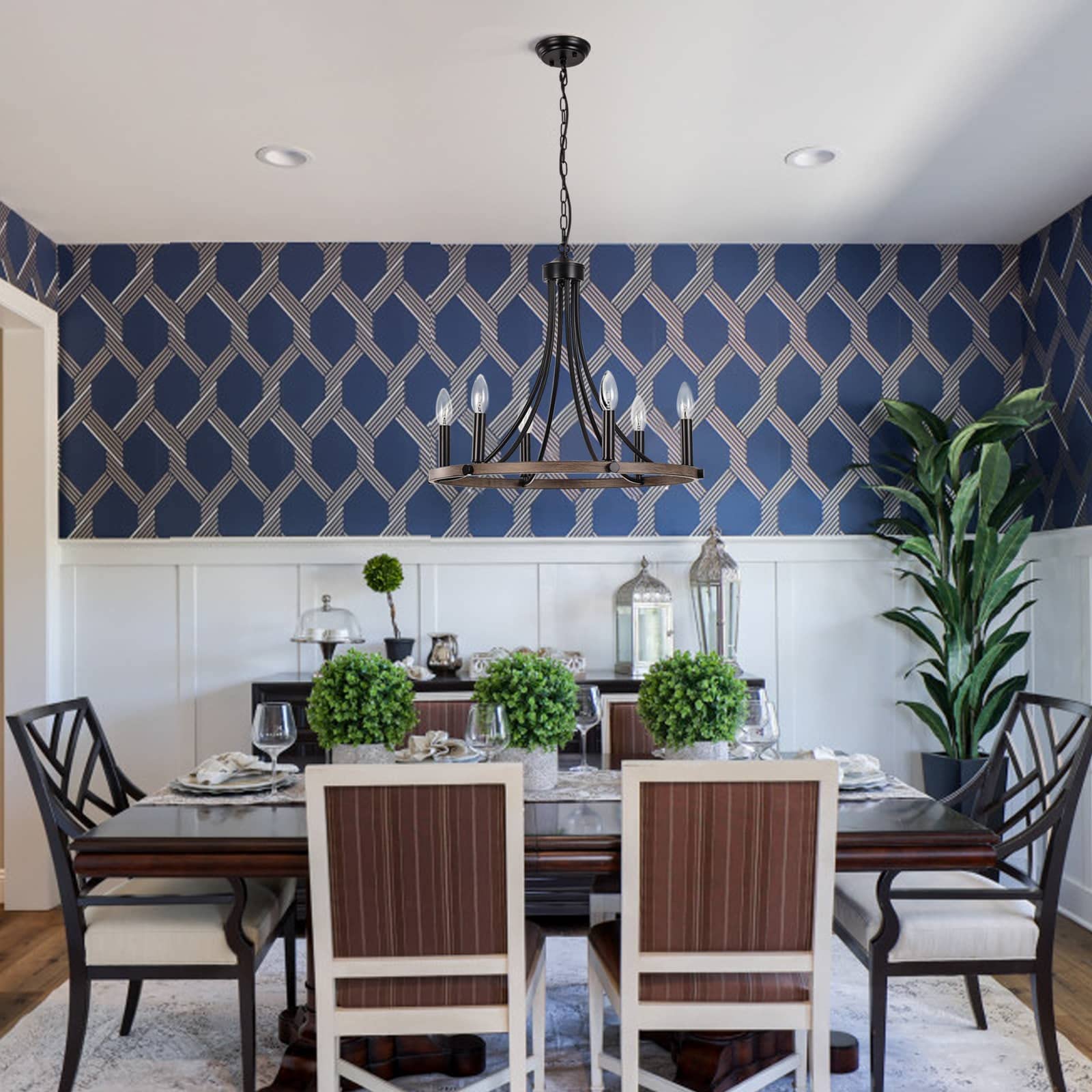 ثريا يارلكاف على شكل عجلة عربة لغرفة الطعام، ثريا مزرعة سوداء بستة مصابيح معلقة دائرية