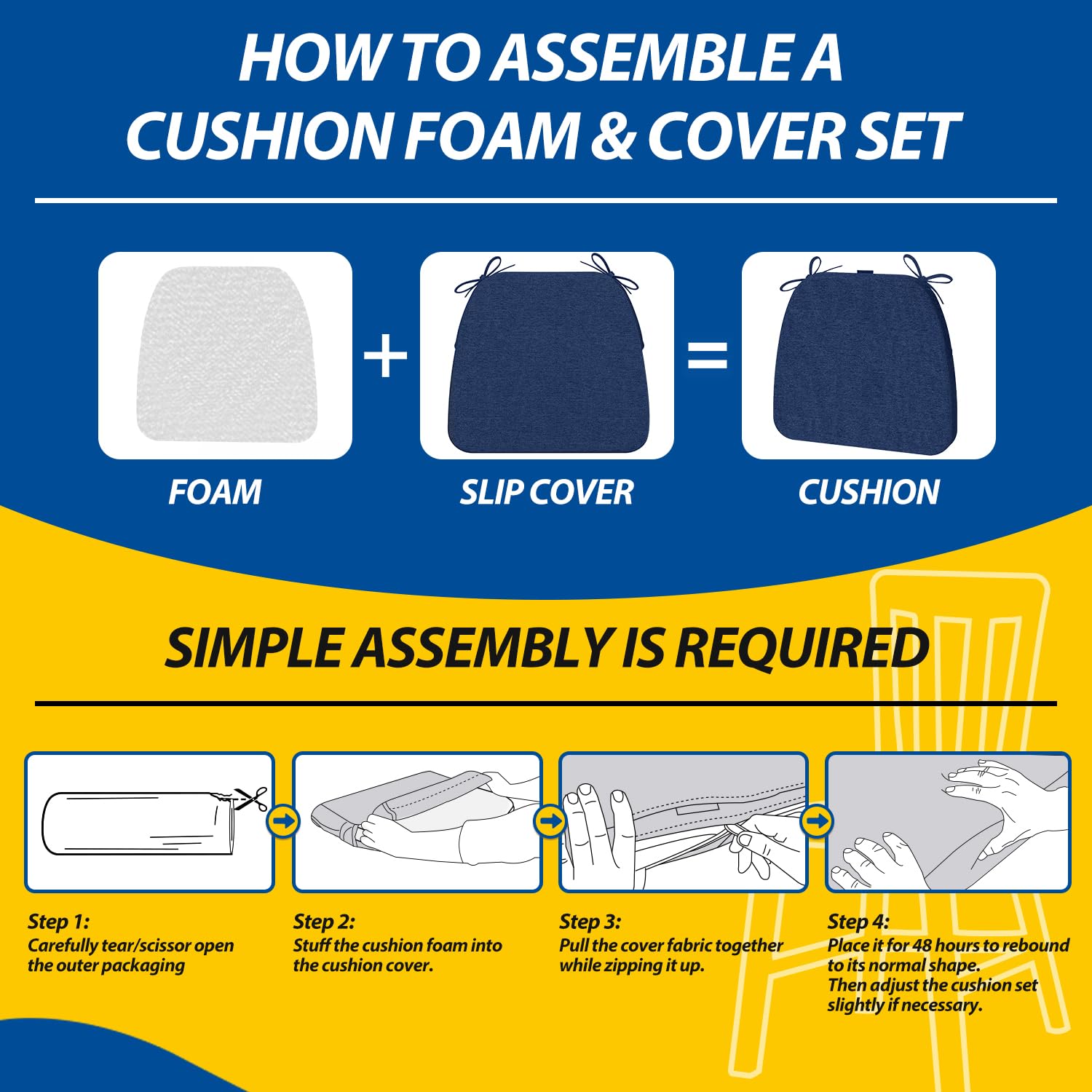 AAAAAcessories D-Shaped Chair Cushions for Dining Chairs with Ties and Removable Cover, 43 cm W x 40 cm L x 5 cm H, Set of 6, Blue