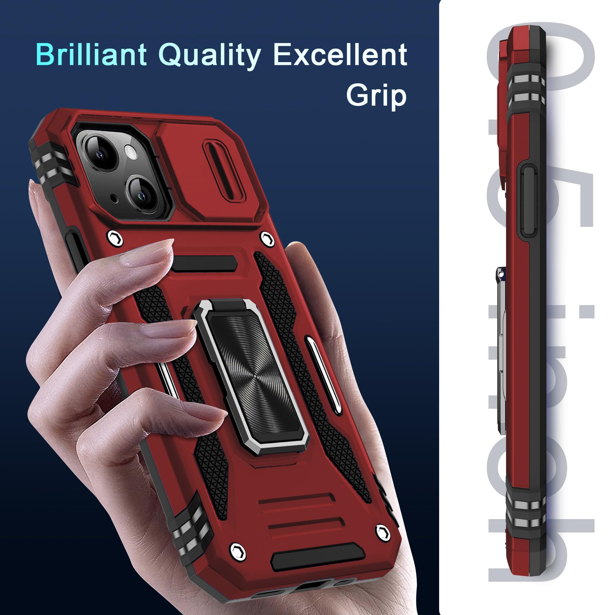 BAHAHOUSES Case for iPhone 15 with Slide Camera Cover, Rotated Ring Kickstand Military Grade Shockproof Protective Cover-Red