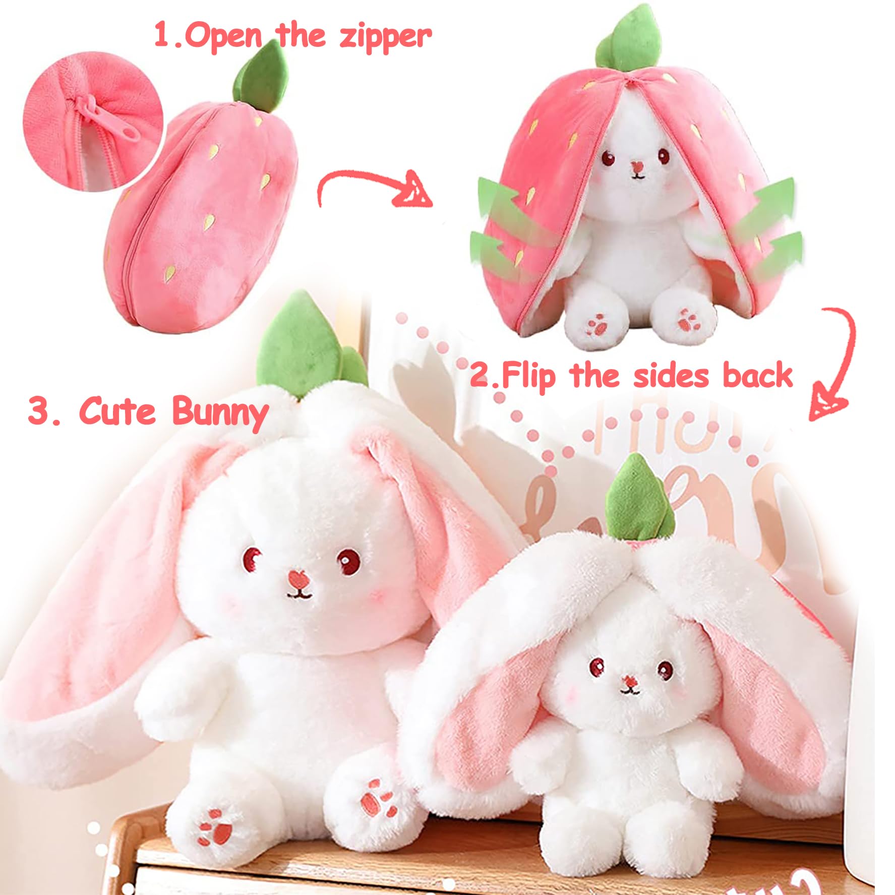 MIAODAM Bunny Stuffed Animal Reversible Cuddle Bunny Stuffed,Strawberry Bunny